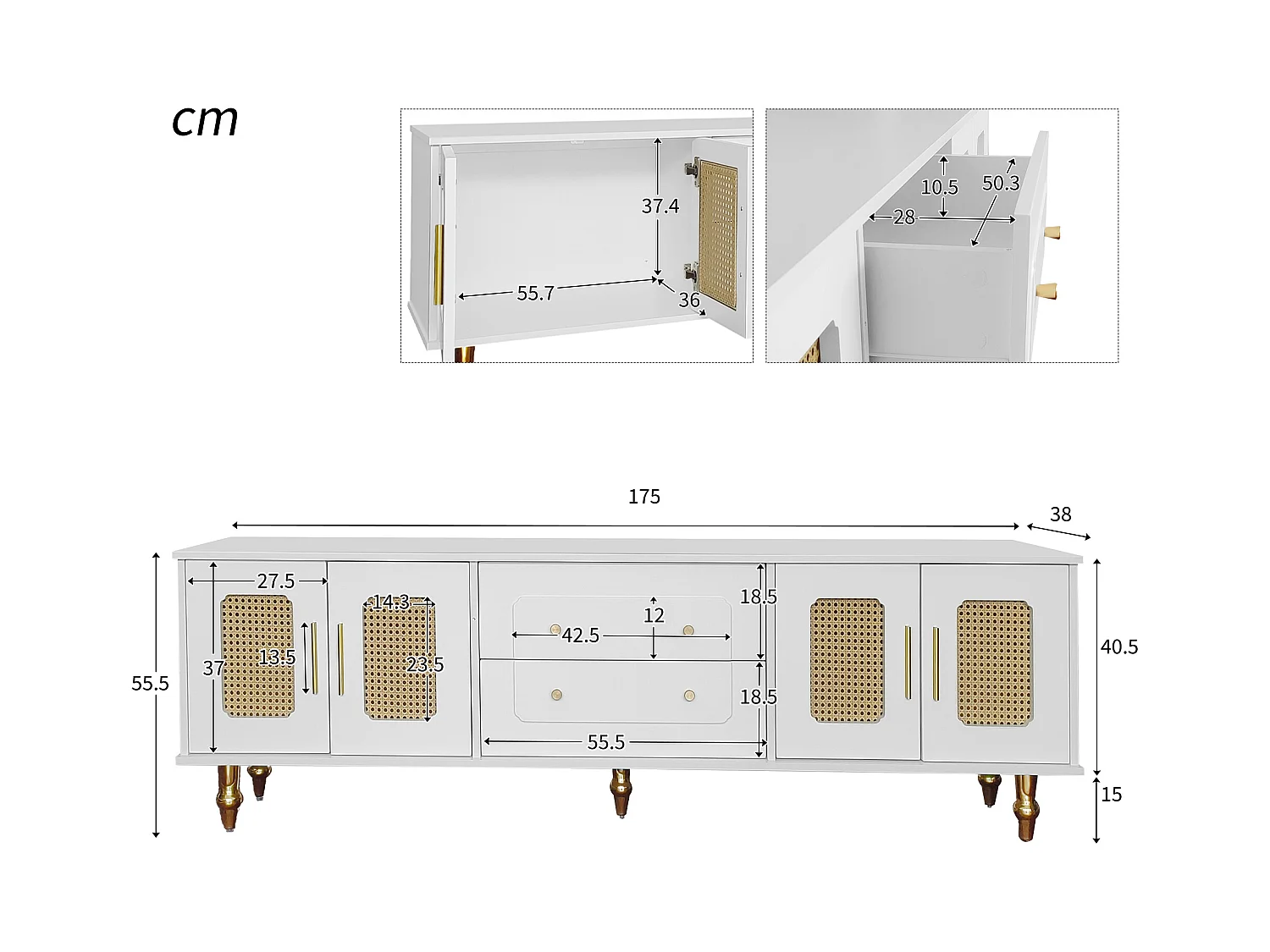 Mobile TV 175 cm bois blanc rétro con porte in rotin et pied dorés