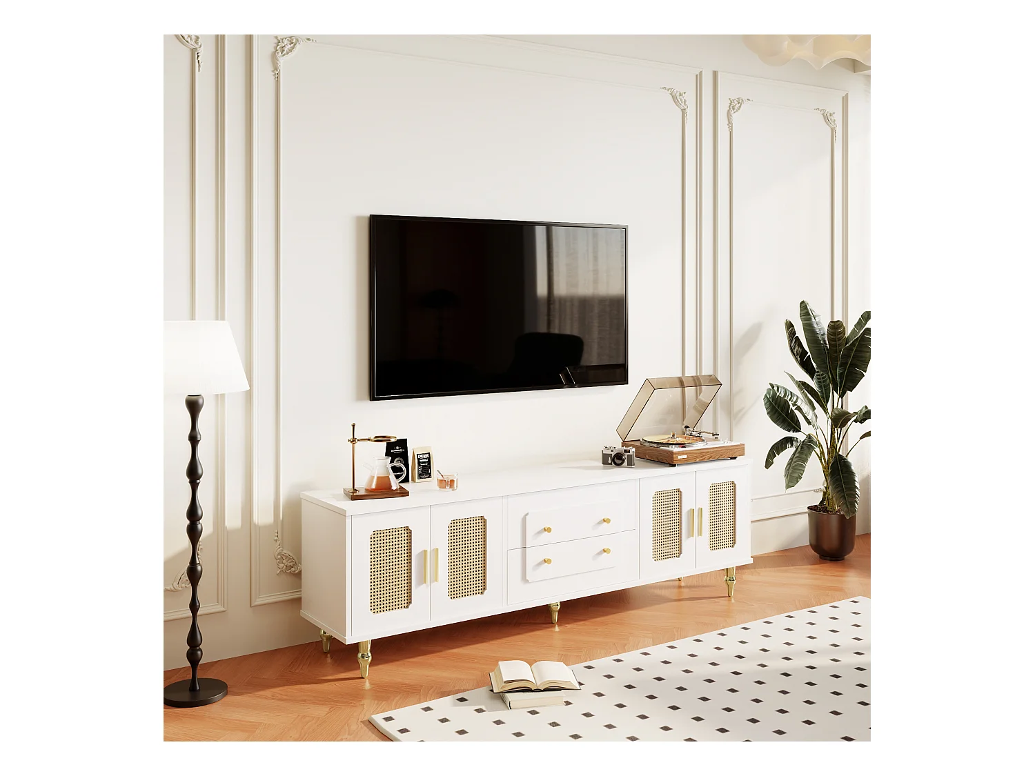 Mobile TV 175 cm bois blanc rétro con porte in rotin et pied dorés