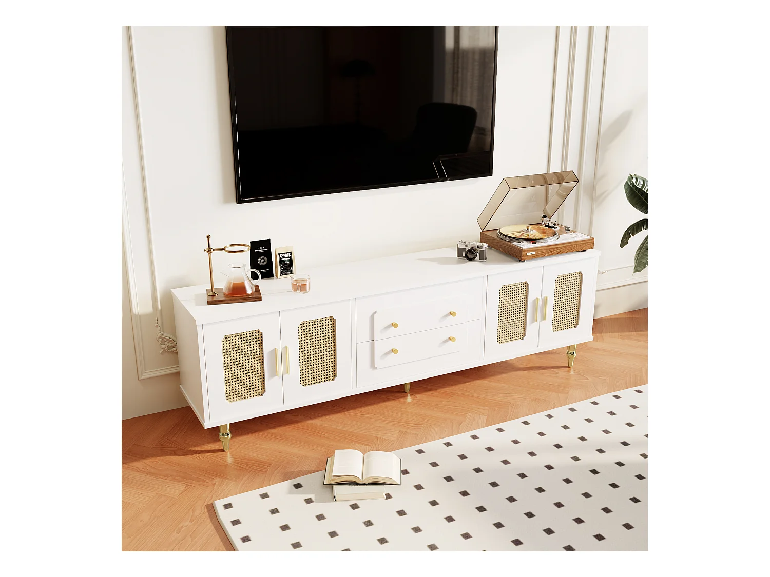 Mobile TV 175 cm bois blanc rétro con porte in rotin et pied dorés