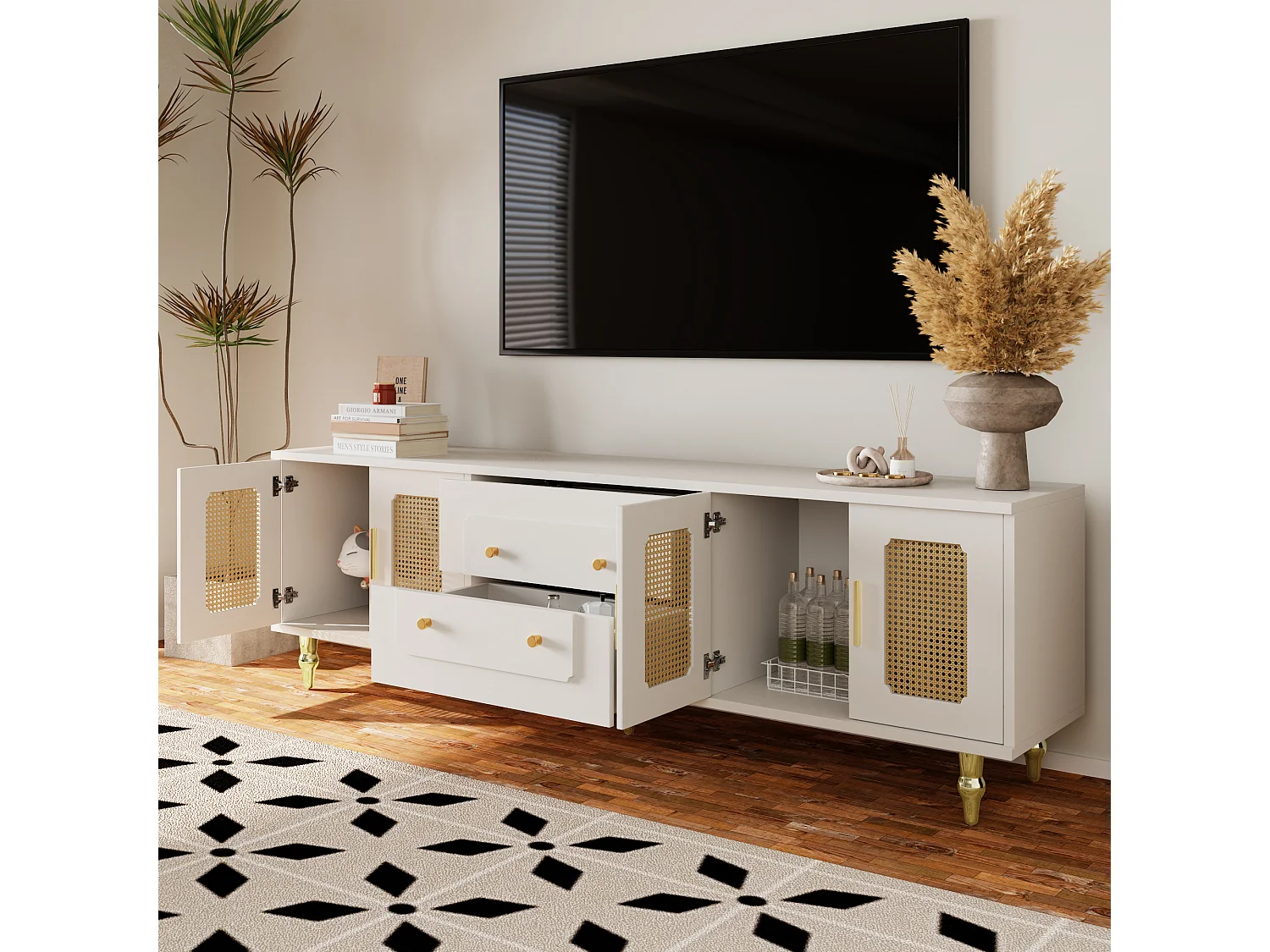 Mobile TV 175 cm bois blanc rétro con porte in rotin et pied dorés