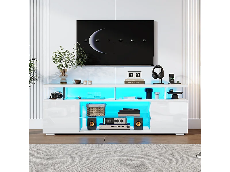 Mobile TV Bianco 150 cm LED Verre Trempé Rangement per TV 60 Pouces Salon