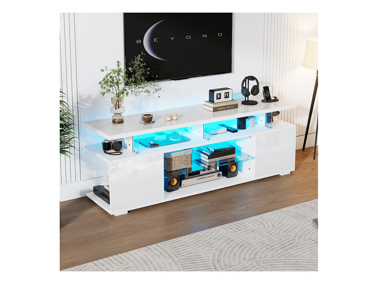 Mobile TV Bianco 150 cm LED Verre Trempé Rangement per TV 60 Pouces Salon