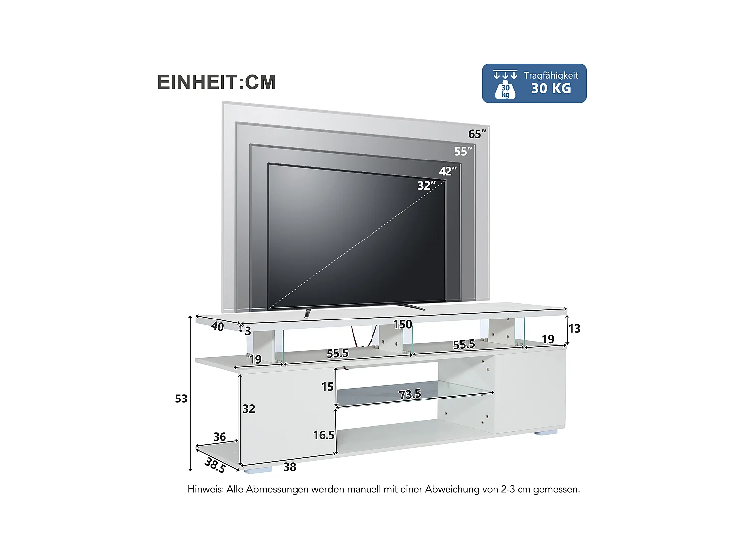 Mobile TV Bianco 150 cm LED Verre Trempé Rangement per TV 60 Pouces Salon