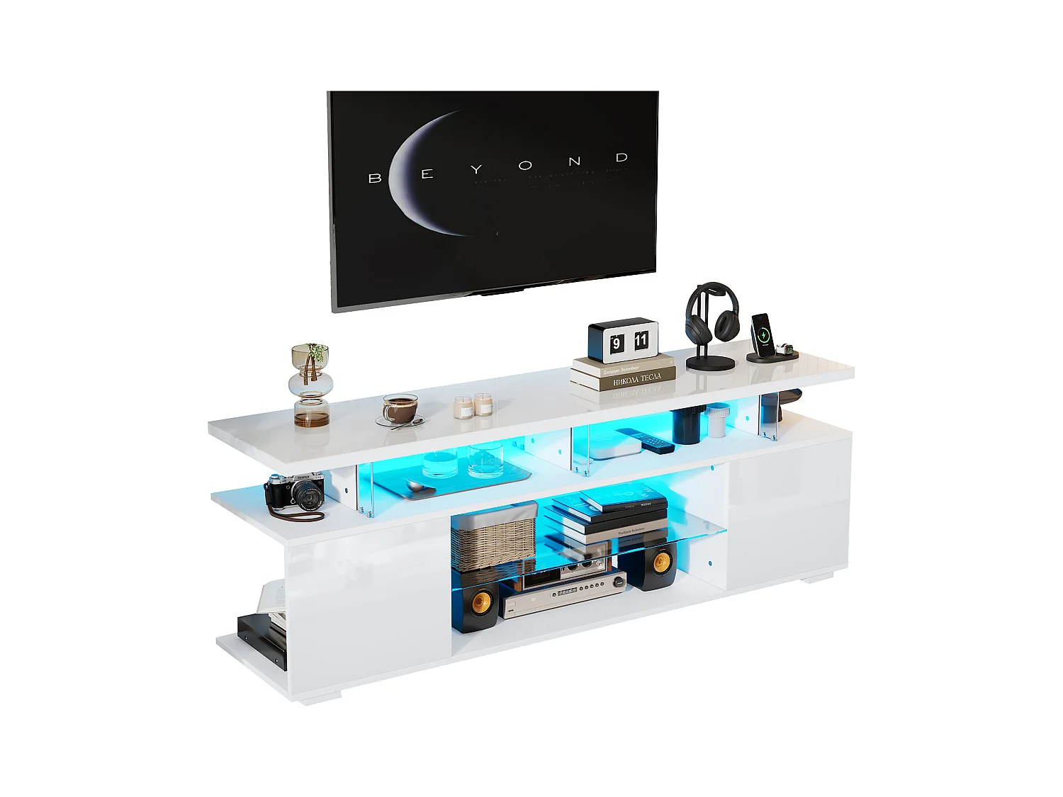 Mobile TV Bianco 150 cm LED Verre Trempé Rangement per TV 60 Pouces Salon