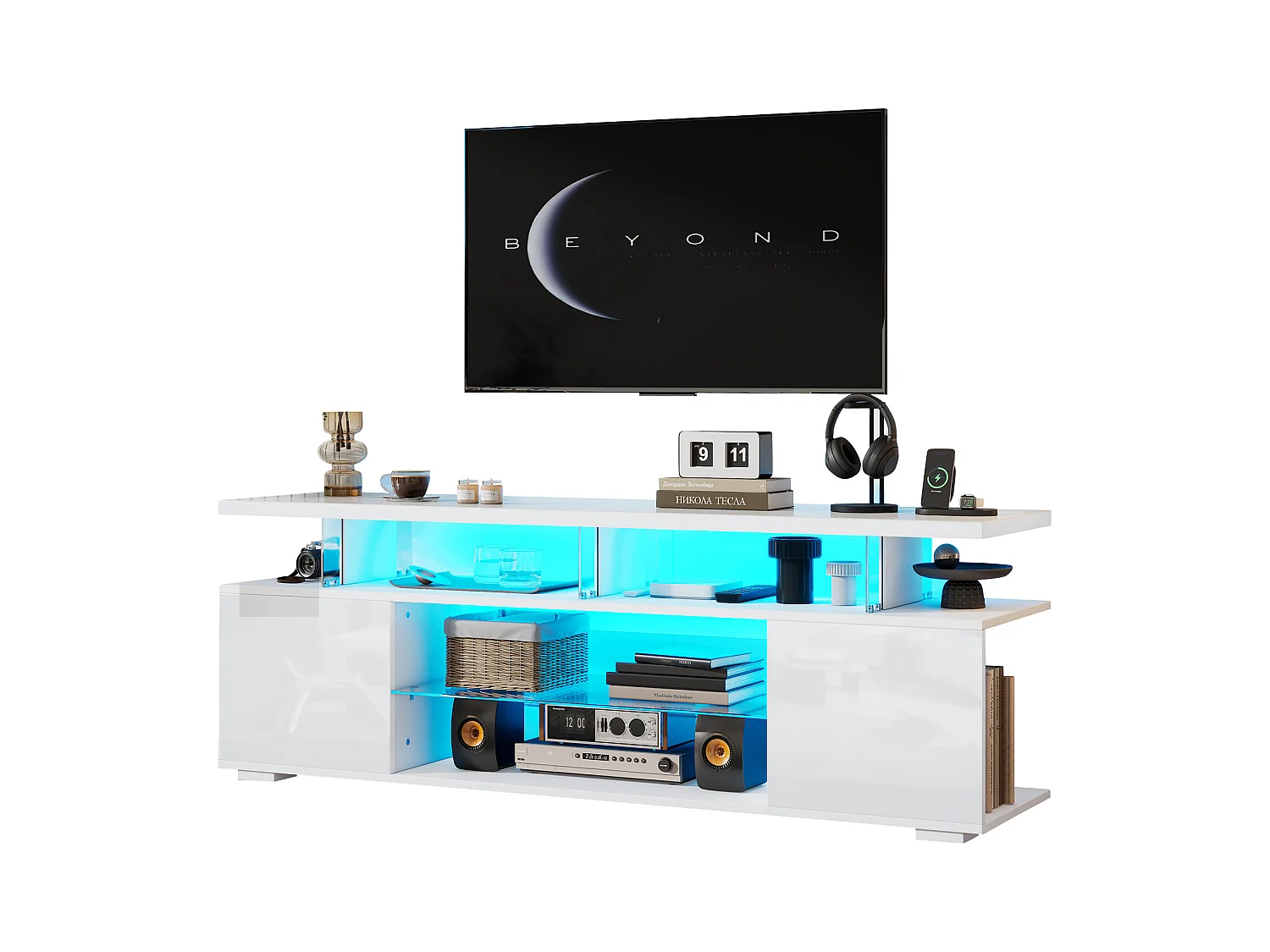Mobile TV Bianco 150 cm LED Verre Trempé Rangement per TV 60 Pouces Salon