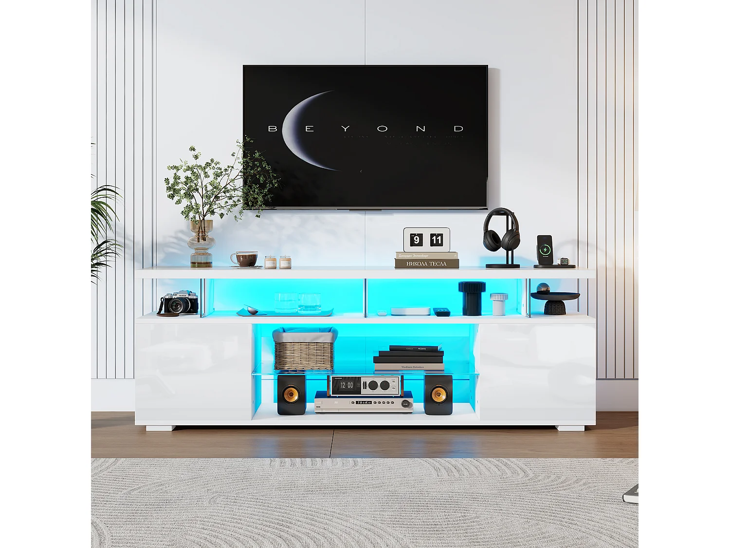 Soporte de TV blanco de 150 cm con LED y vidrio templado para TV de 60 pulgadas en la sala de estar