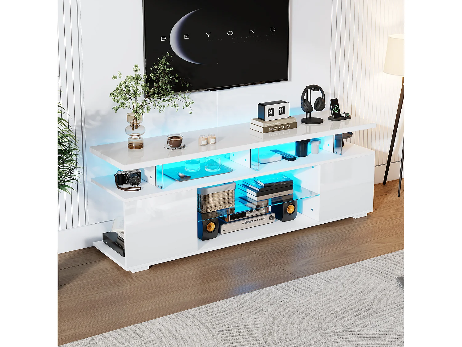 Soporte de TV blanco de 150 cm con LED y vidrio templado para TV de 60 pulgadas en la sala de estar