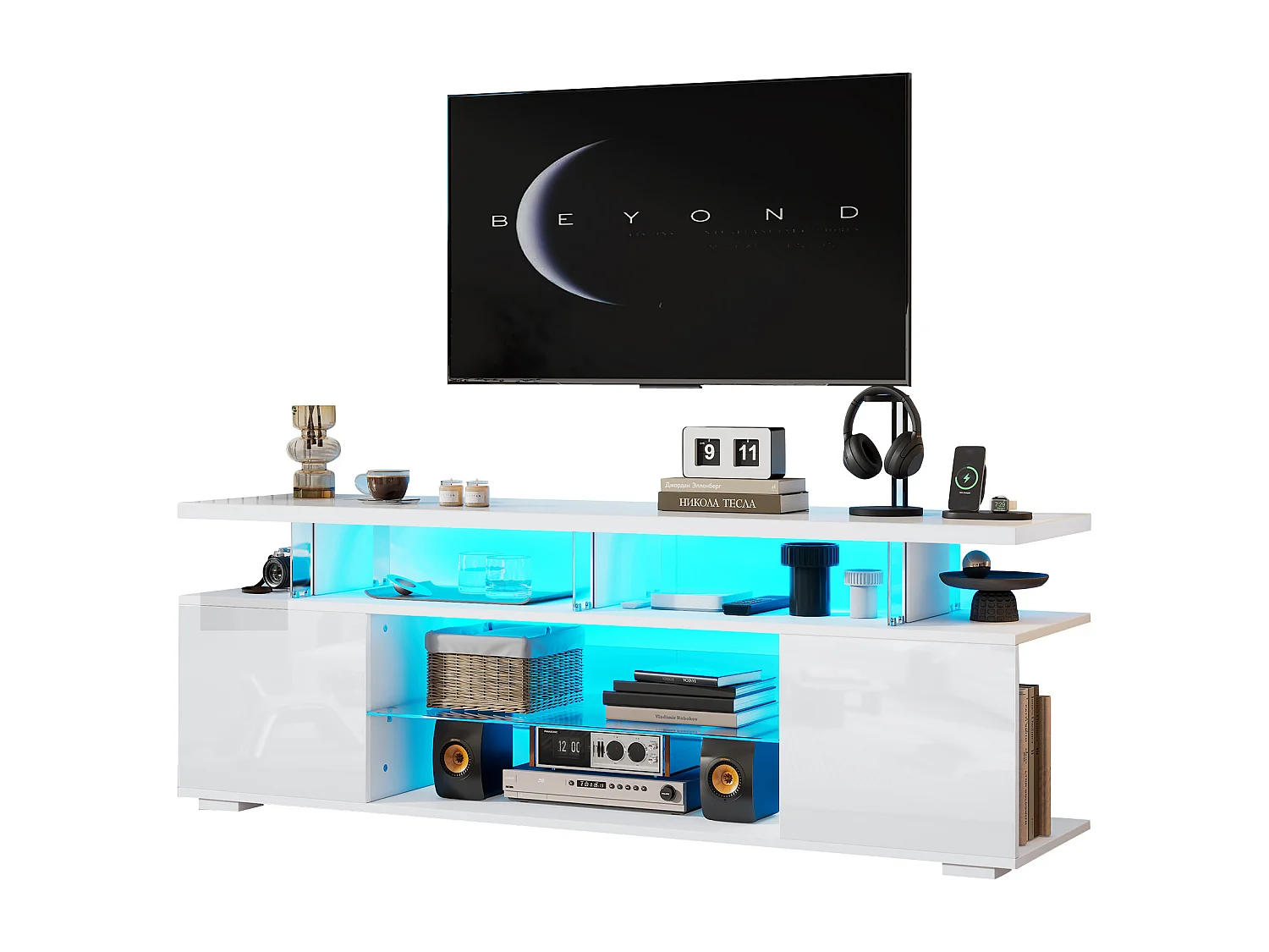 Soporte de TV blanco de 150 cm con LED y vidrio templado para TV de 60 pulgadas en la sala de estar