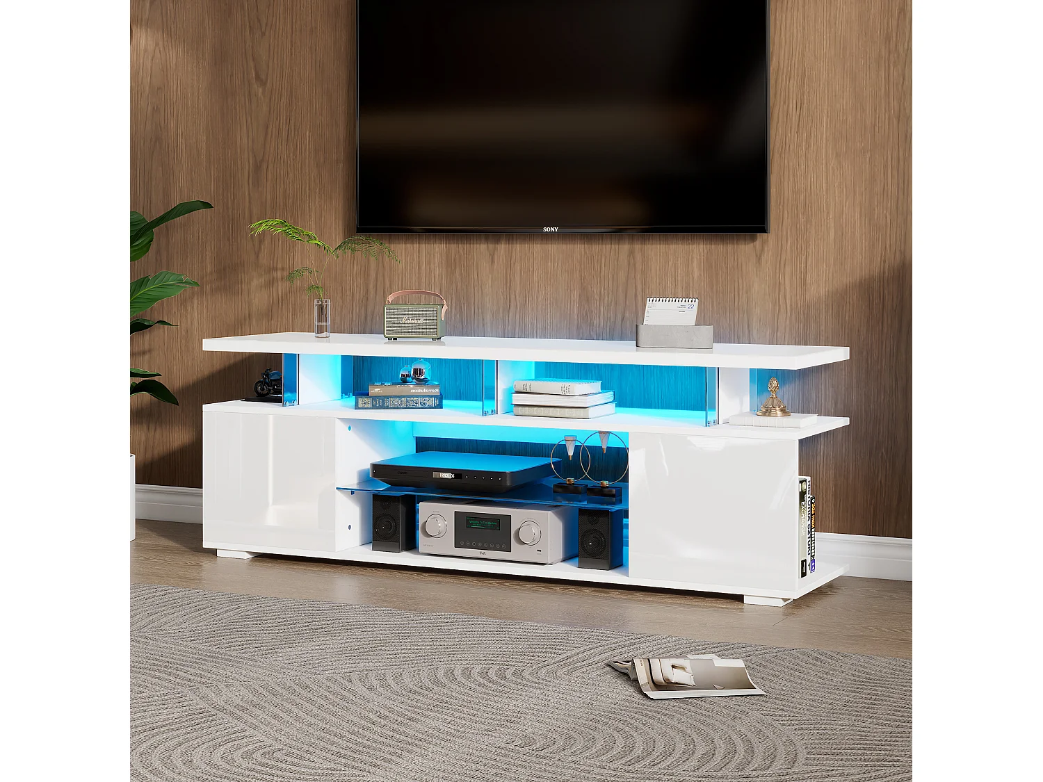 Soporte de TV blanco de 150 cm con LED y vidrio templado para TV de 60 pulgadas en la sala de estar