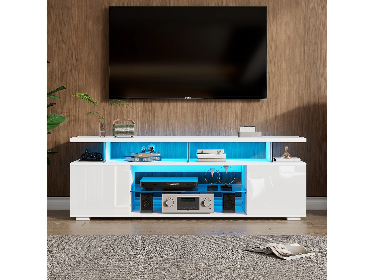 Soporte de TV blanco de 150 cm con LED y vidrio templado para TV de 60 pulgadas en la sala de estar