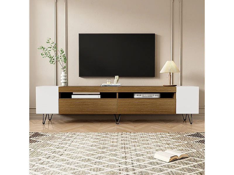 Meuble TV Moderne 180 cm Blanc et Bois MDF Rangement Télé Salon Étagères Ouvertes