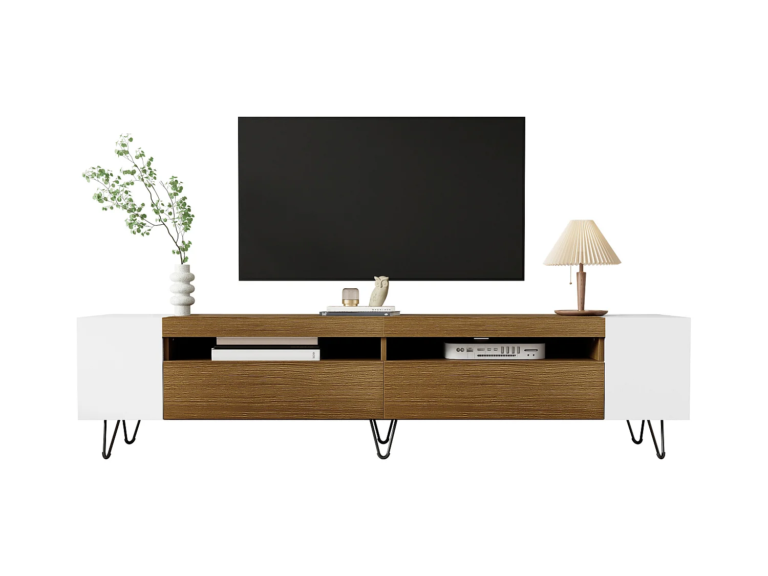 Meuble TV Moderne 180 cm Blanc et Bois MDF Rangement Télé Salon Étagères Ouvertes