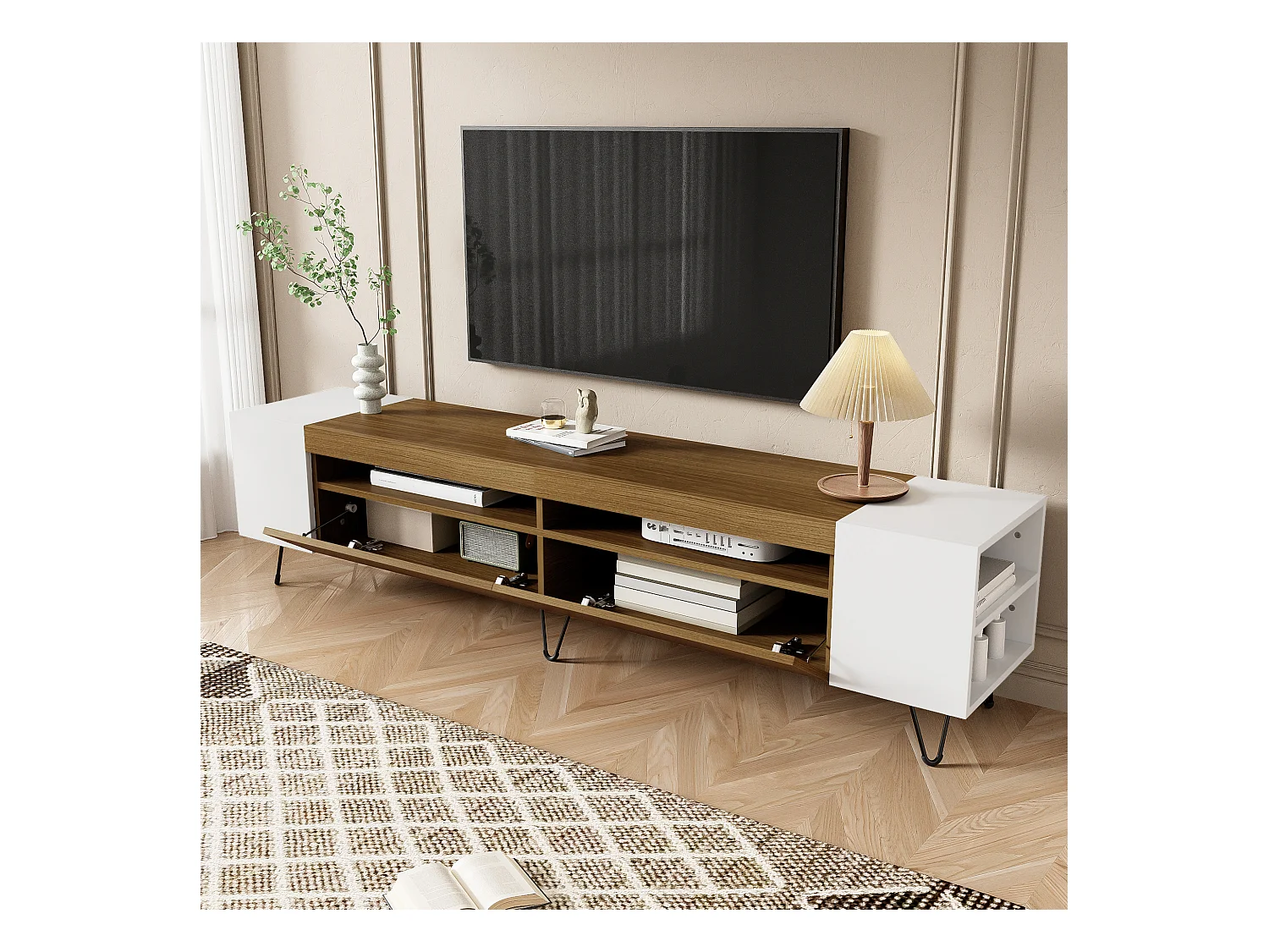 Meuble TV Moderne 180 cm Blanc et Bois MDF Rangement Télé Salon Étagères Ouvertes