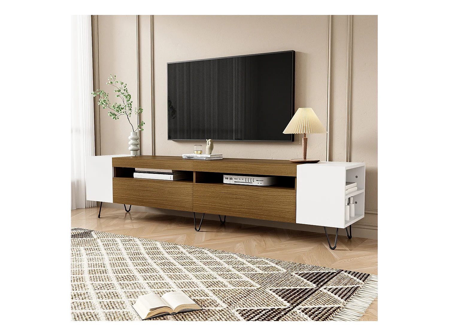 Meuble TV Moderne 180 cm Blanc et Bois MDF Rangement Télé Salon Étagères Ouvertes