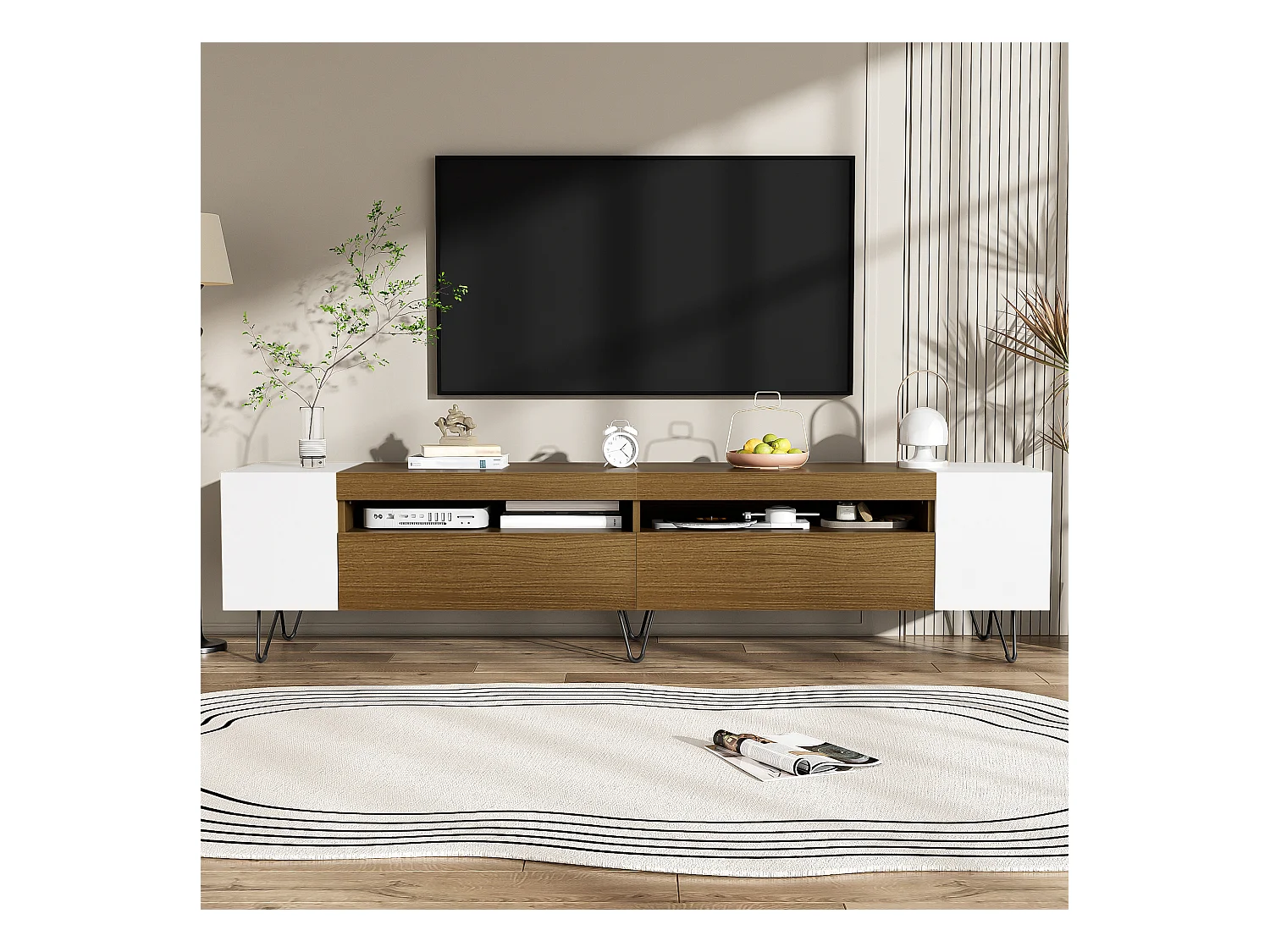 Meuble TV Moderne 180 cm Blanc et Bois MDF Rangement Télé Salon Étagères Ouvertes