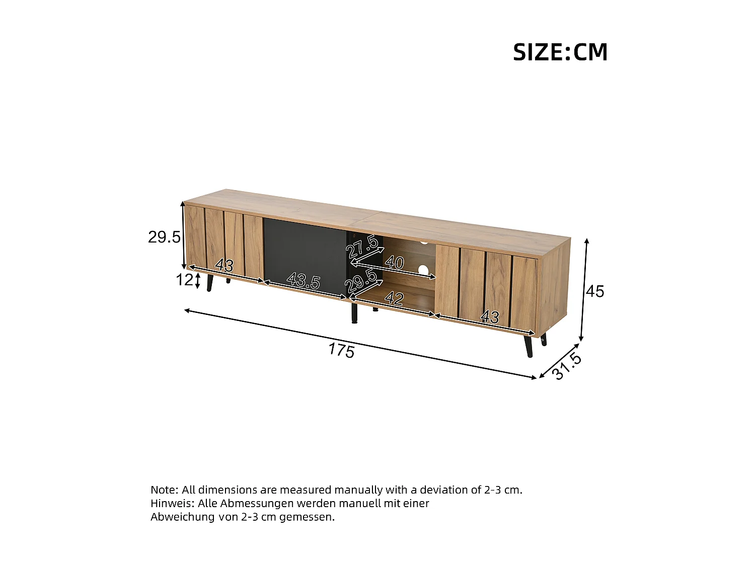 Móvel de TV de design de 175 cm com 3 portas, moderno, para sala de estar, preto e madeira, vidro temperado