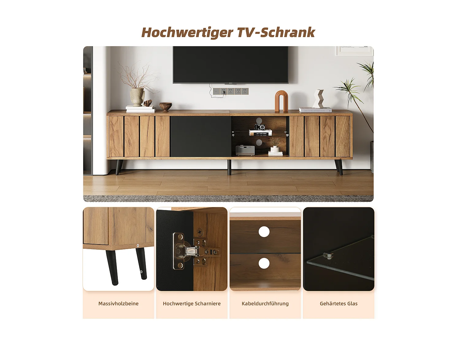 Móvel de TV de design de 175 cm com 3 portas, moderno, para sala de estar, preto e madeira, vidro temperado