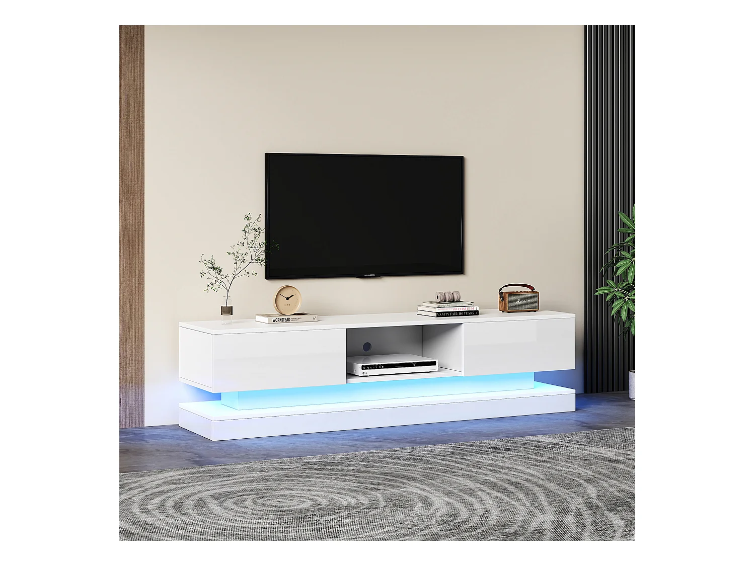 Mobile TV Bas Blanc 160cm LED Bluetooth 2 Tiroirs Commande APP Anti-Basculement pour Salon Moderne