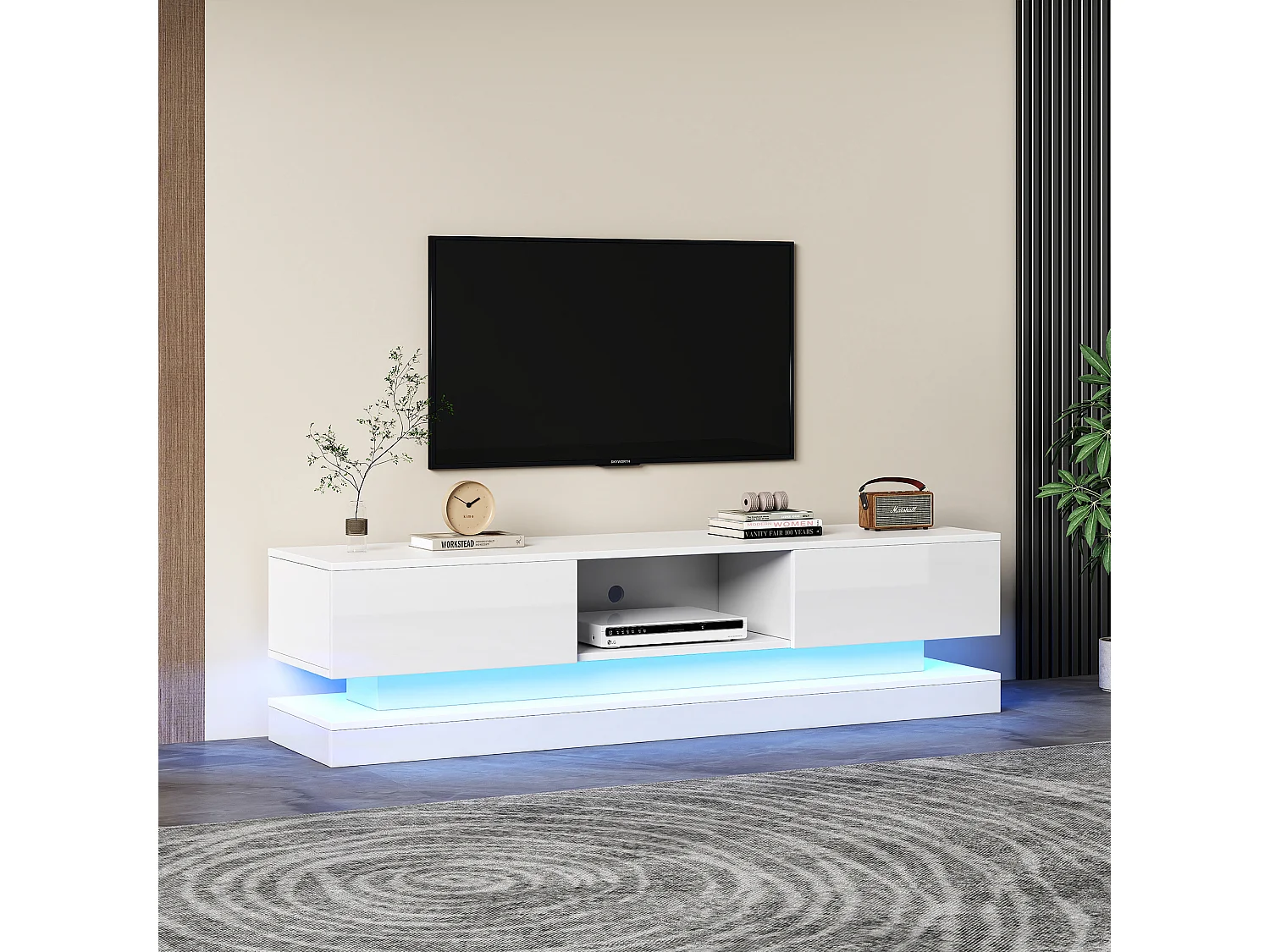 Mobile TV Bas Blanc 160cm LED Bluetooth 2 Tiroirs Commande APP Anti-Basculement pour Salon Moderne