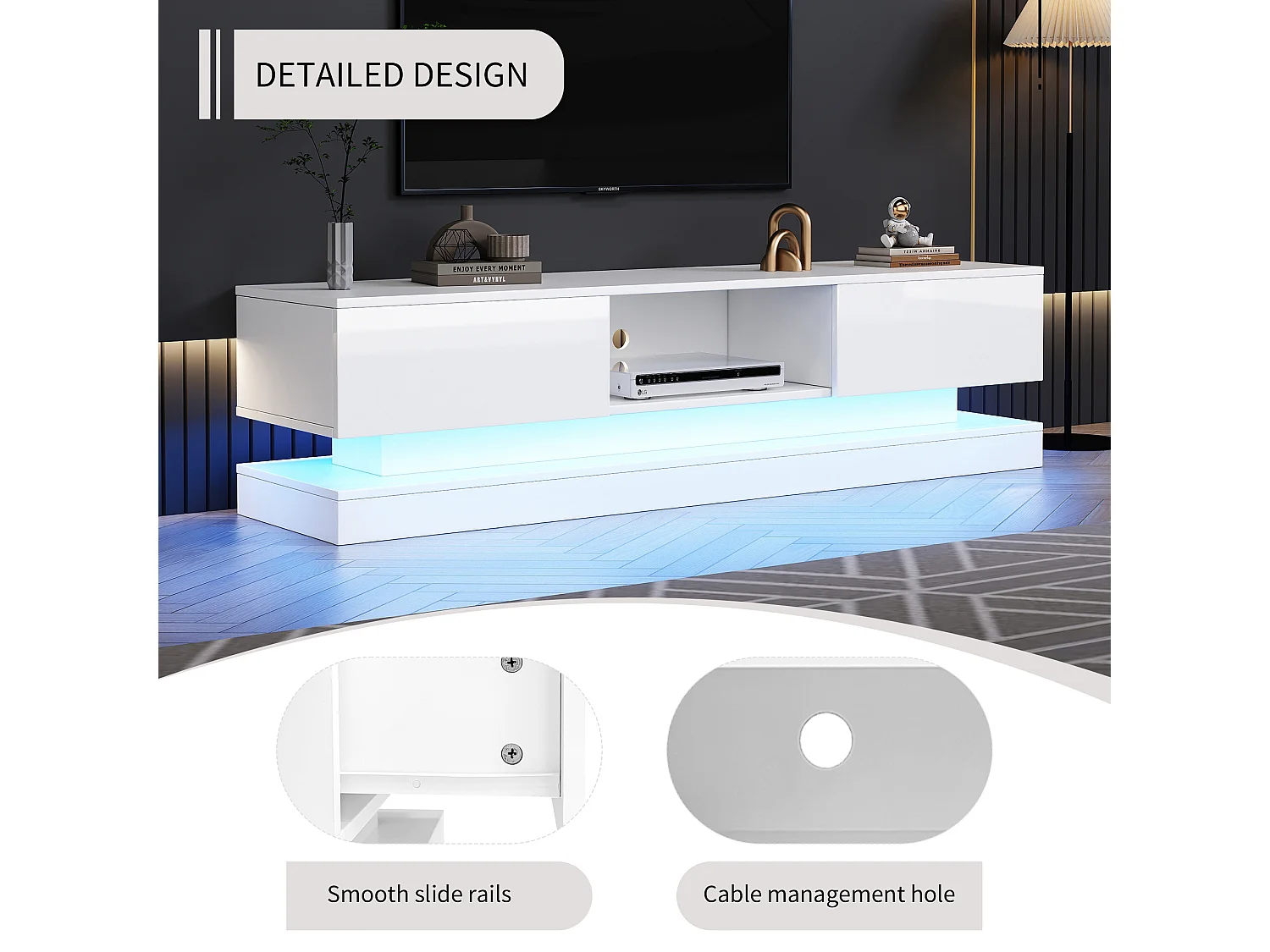 Mobile TV Bas Blanc 160cm LED Bluetooth 2 Tiroirs Commande APP Anti-Basculement pour Salon Moderne