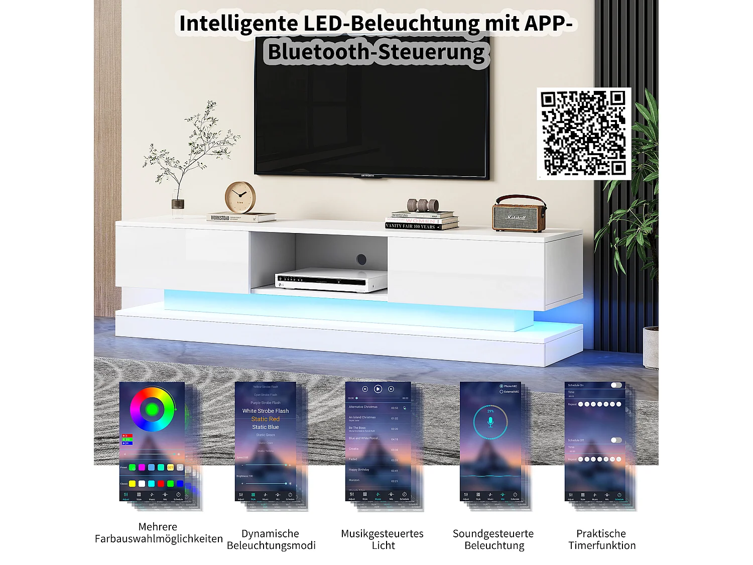 Mobile TV Bas Blanc 160cm LED Bluetooth 2 Tiroirs Commande APP Anti-Basculement pour Salon Moderne