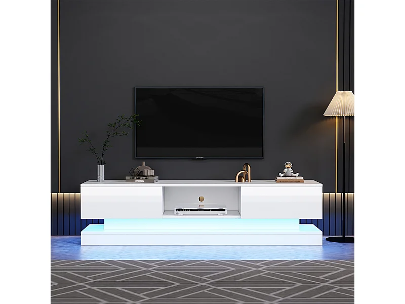 Mobile TV Bas Blanc 160cm LED Bluetooth 2 Tiroirs Commande APP Anti-Basculement pour Salon Moderne