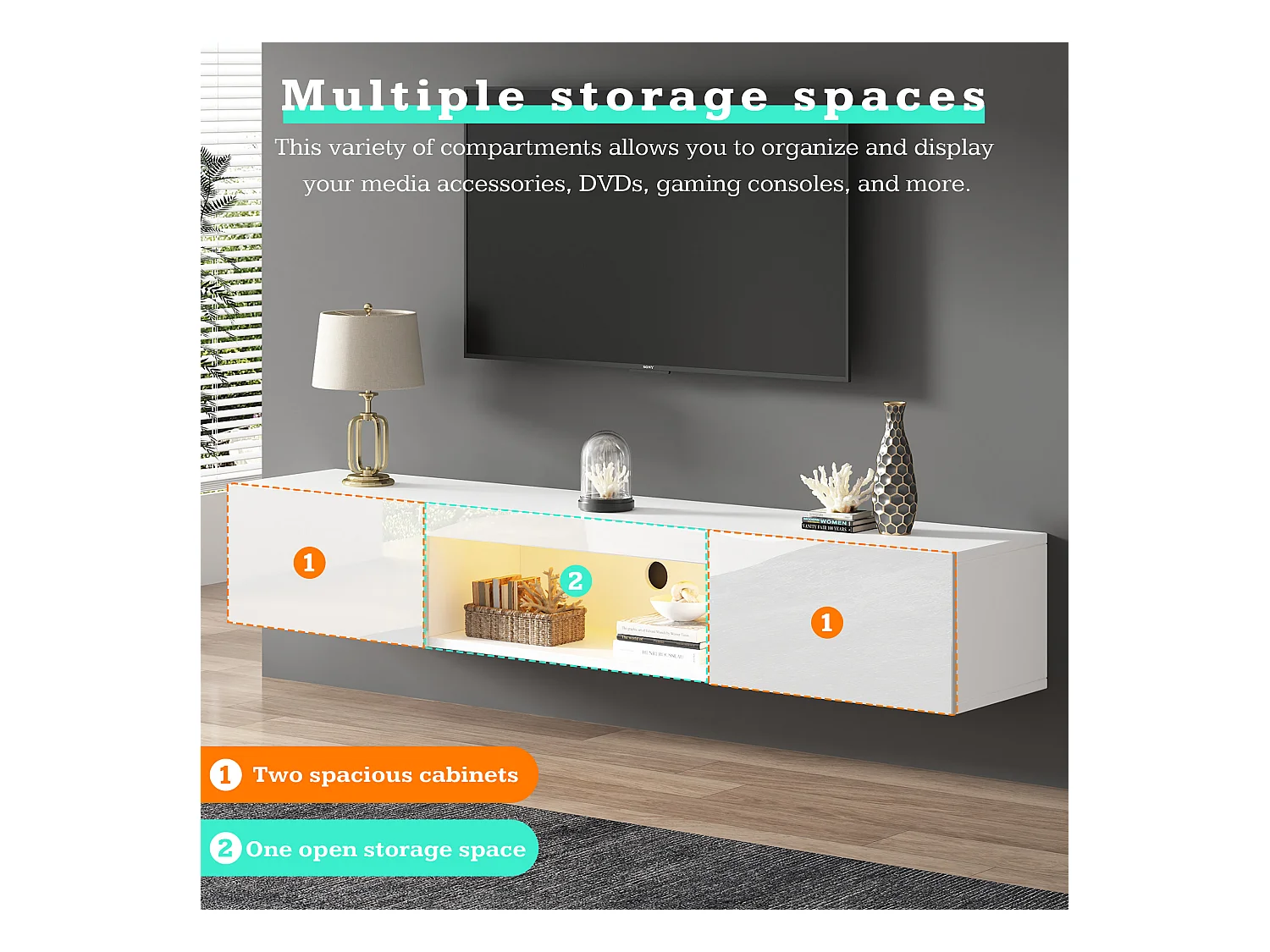 Mobile TV Murale Bianco 160cm Supporto TV 70 Pouces LED Bluetooth Comando APP Rangement Intégré