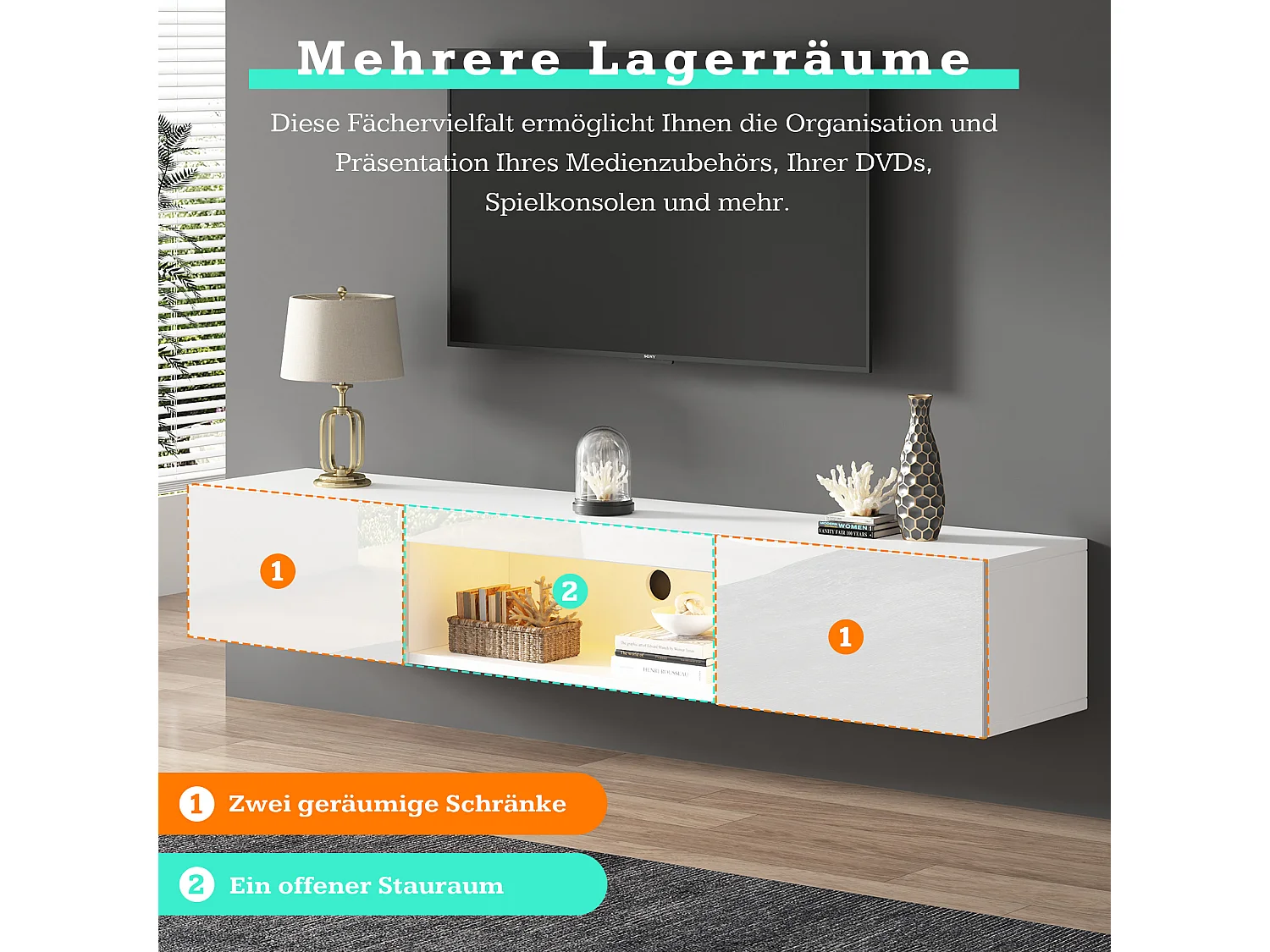 Mobile TV Murale Bianco 160cm Supporto TV 70 Pouces LED Bluetooth Comando APP Rangement Intégré