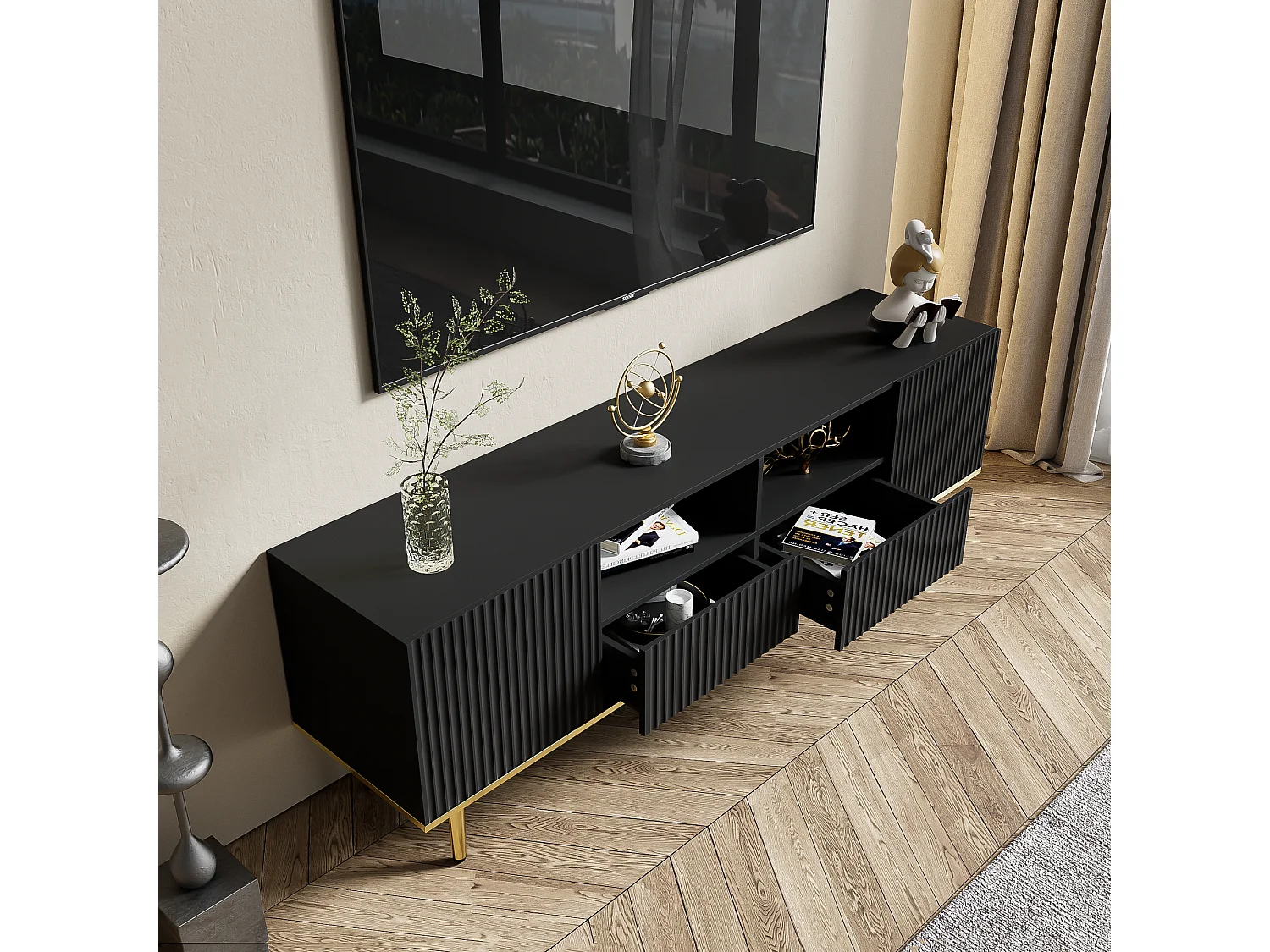 Mueble de TV moderno de madera de 165 cm con almacenamiento de lujo en negro y dorado para sala de estar