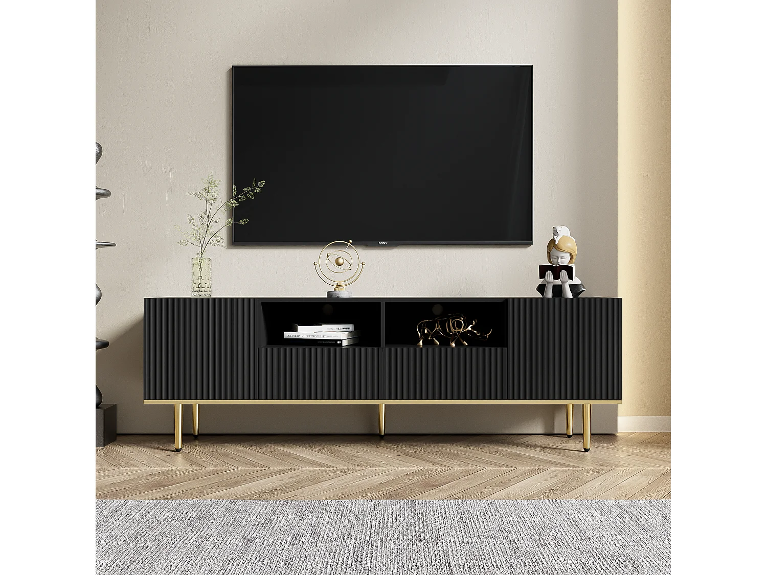 Mueble de TV moderno de madera de 165 cm con almacenamiento de lujo en negro y dorado para sala de estar