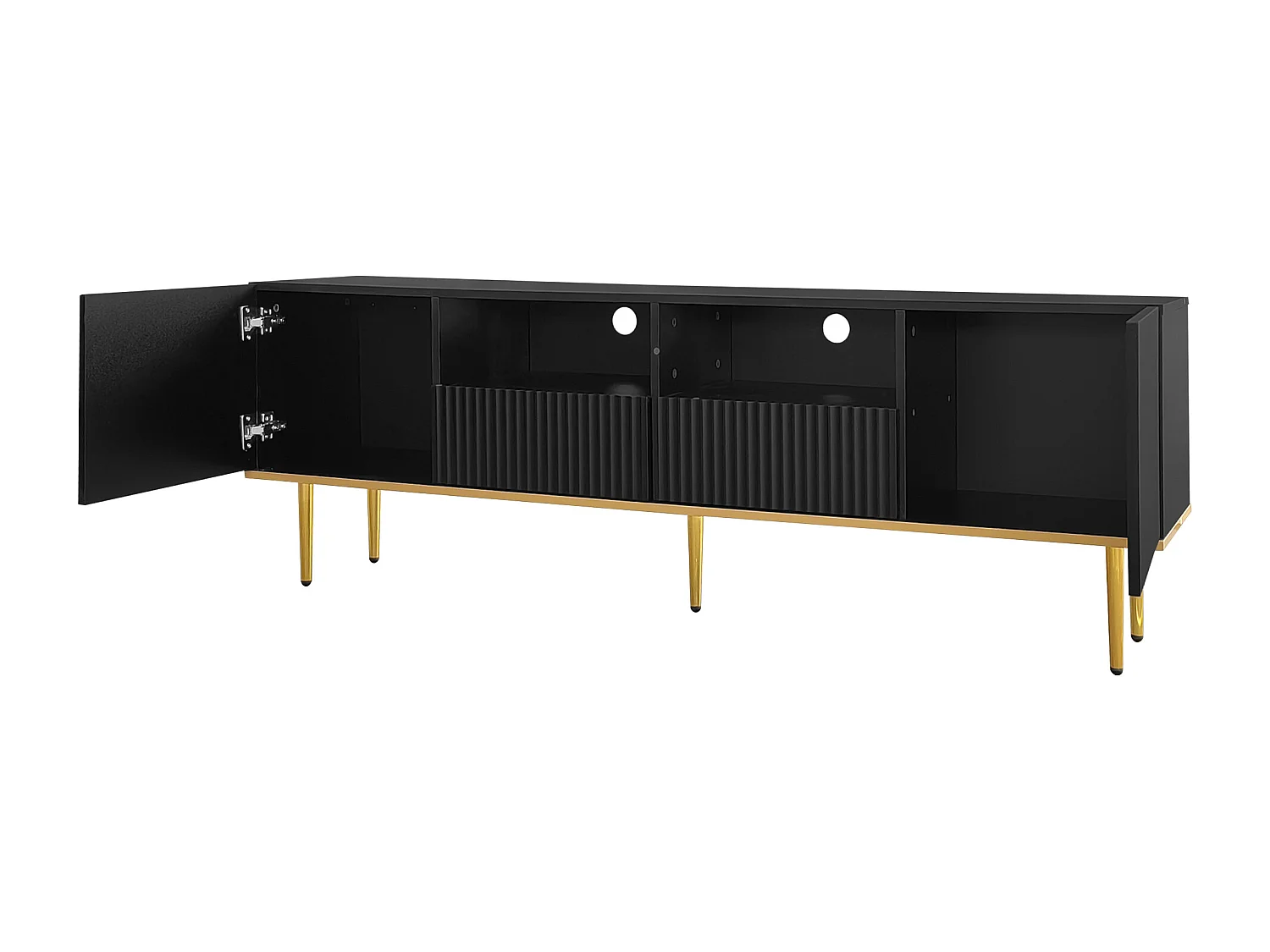 Mueble de TV moderno de madera de 165 cm con almacenamiento de lujo en negro y dorado para sala de estar