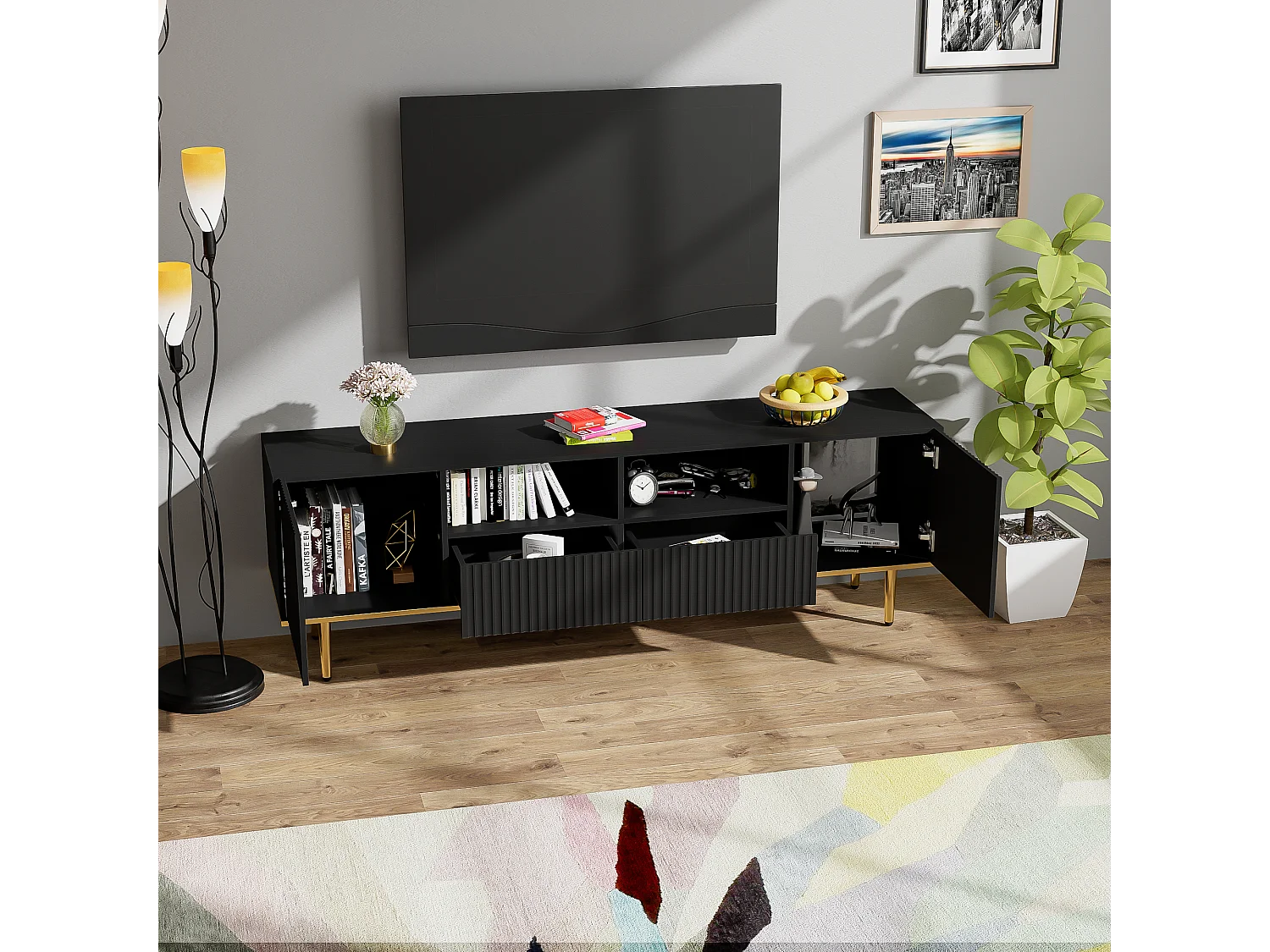 Mueble de TV moderno de madera de 165 cm con almacenamiento de lujo en negro y dorado para sala de estar
