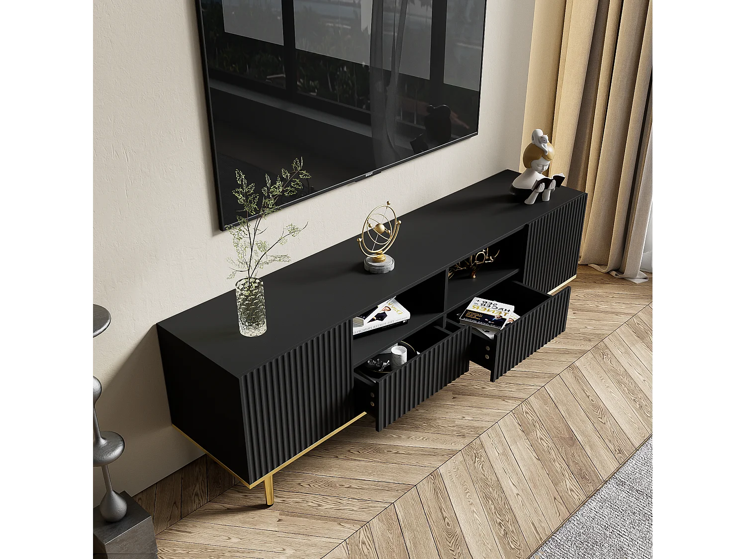 Mueble de TV moderno de madera de 165 cm con almacenamiento de lujo en negro y dorado para sala de estar