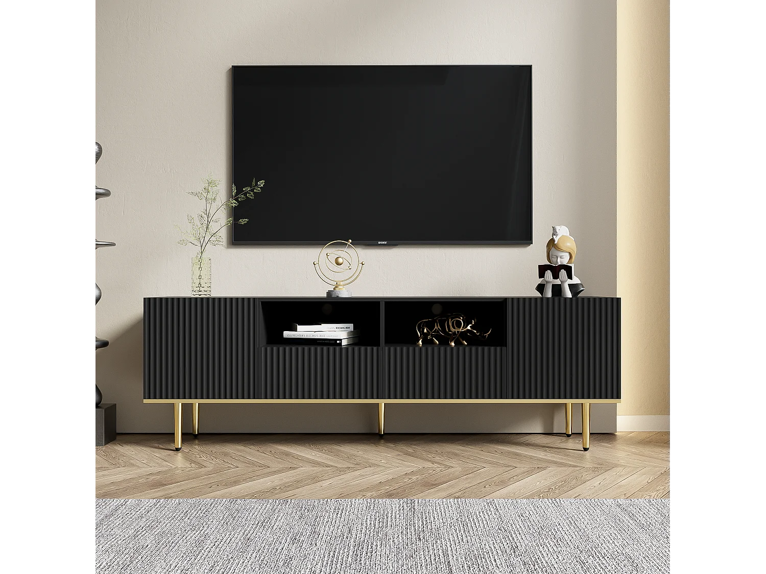 Mueble de TV moderno de madera de 165 cm con almacenamiento de lujo en negro y dorado para sala de estar