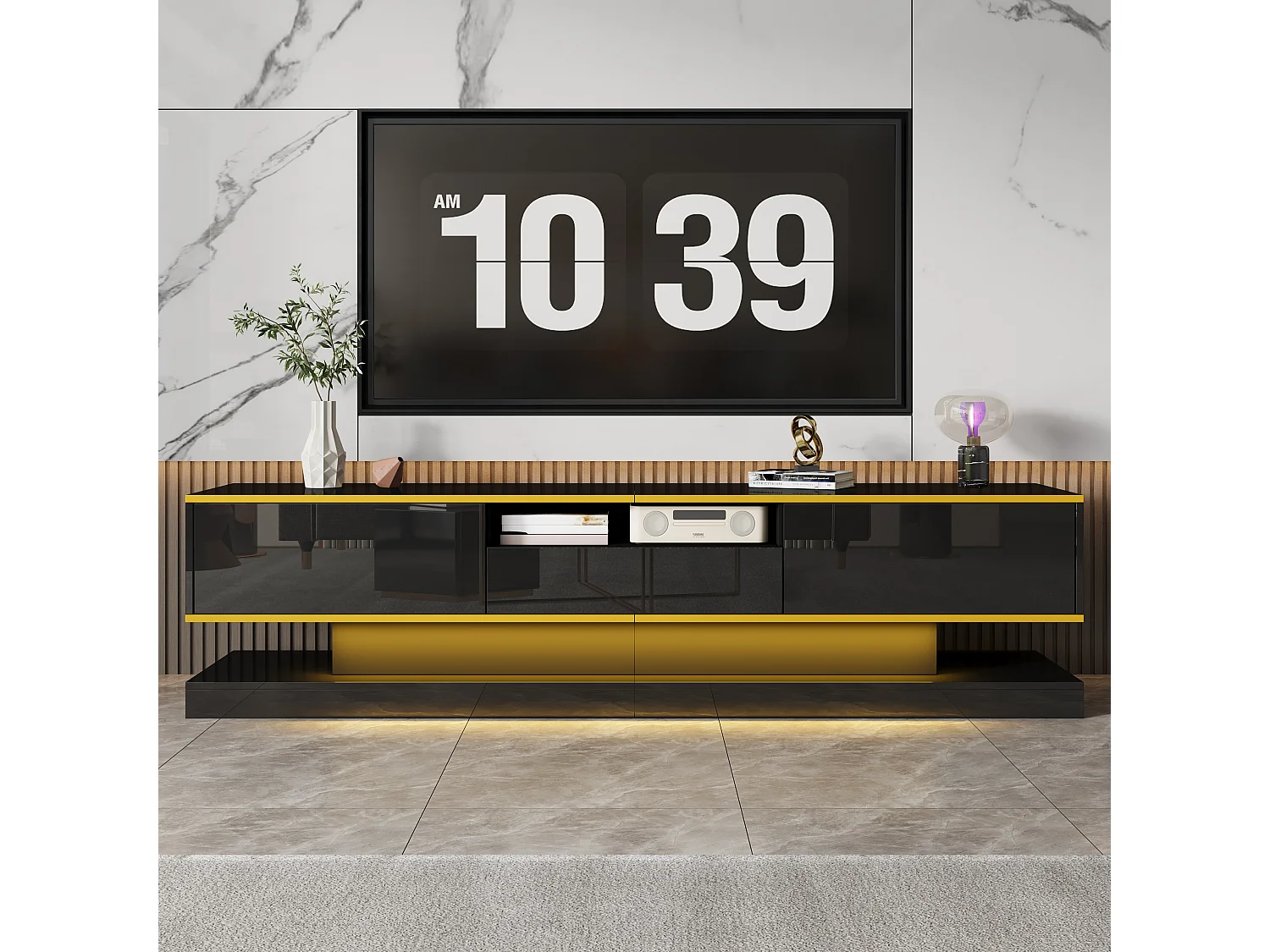 Mueble de TV moderno con 3 cajones, iluminación LED, negro brillante, 180 cm, para salón contemporáneo