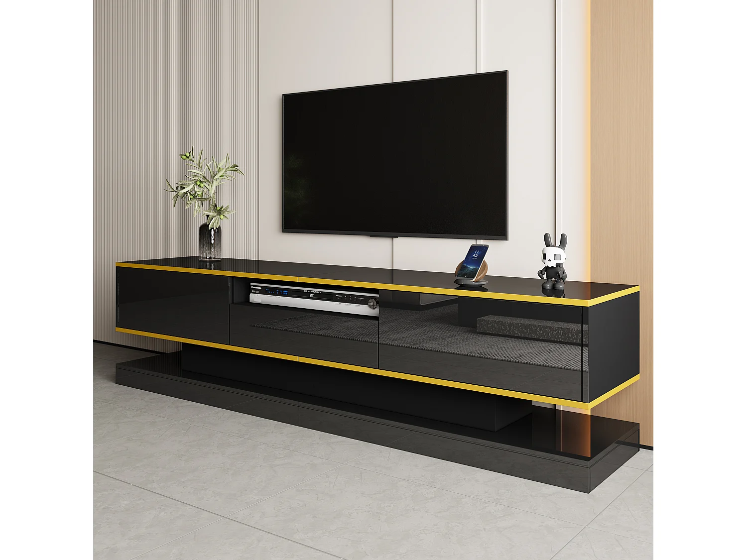 Mueble de TV moderno con 3 cajones, iluminación LED, negro brillante, 180 cm, para salón contemporáneo