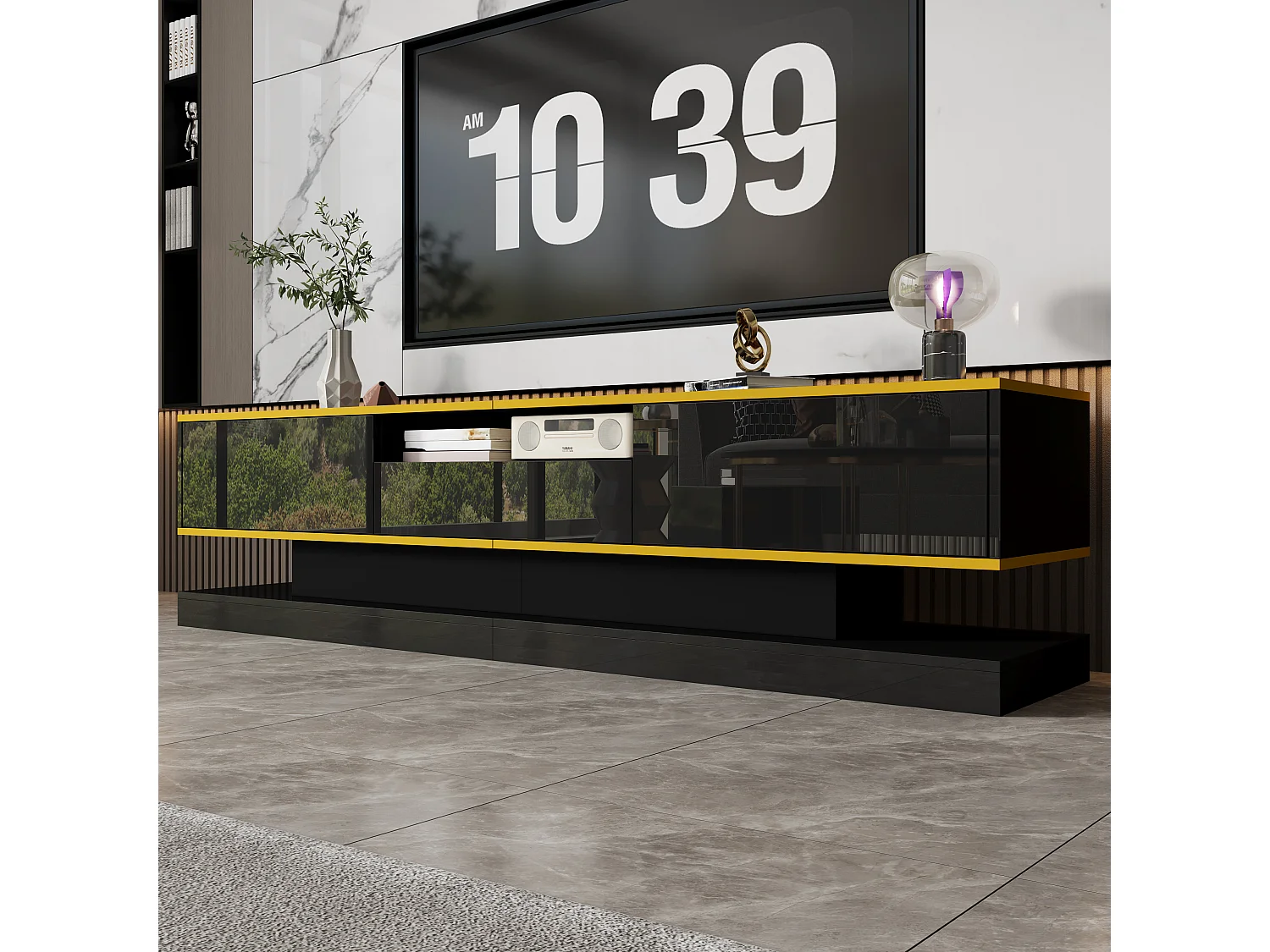Mueble de TV moderno con 3 cajones, iluminación LED, negro brillante, 180 cm, para salón contemporáneo