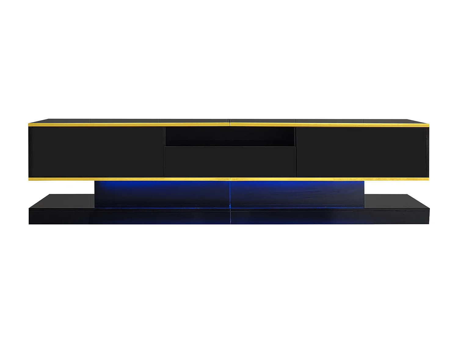 Mueble de TV moderno con 3 cajones, iluminación LED, negro brillante, 180 cm, para salón contemporáneo