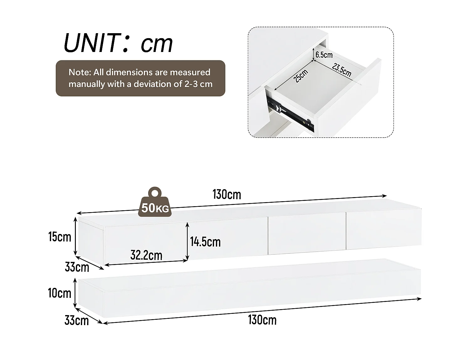 Mueble TV bajo de pared MDF blanco 130cm con 2 armarios 4 cajones LED 16 colores App Bluetooth para TV hasta 55 pulgadas