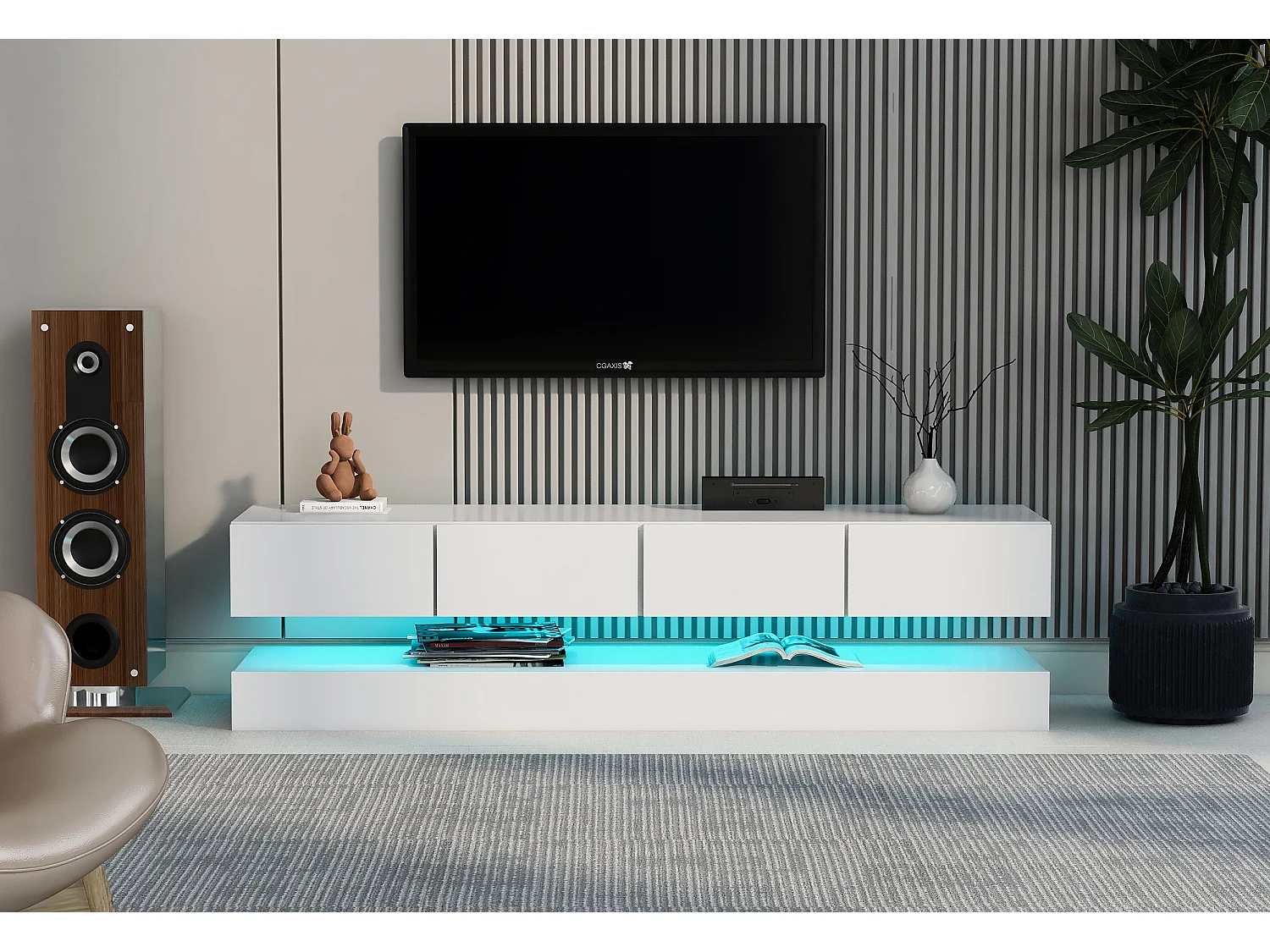 Mueble TV bajo de pared MDF blanco 130cm con 2 armarios 4 cajones LED 16 colores App Bluetooth para TV hasta 55 pulgadas