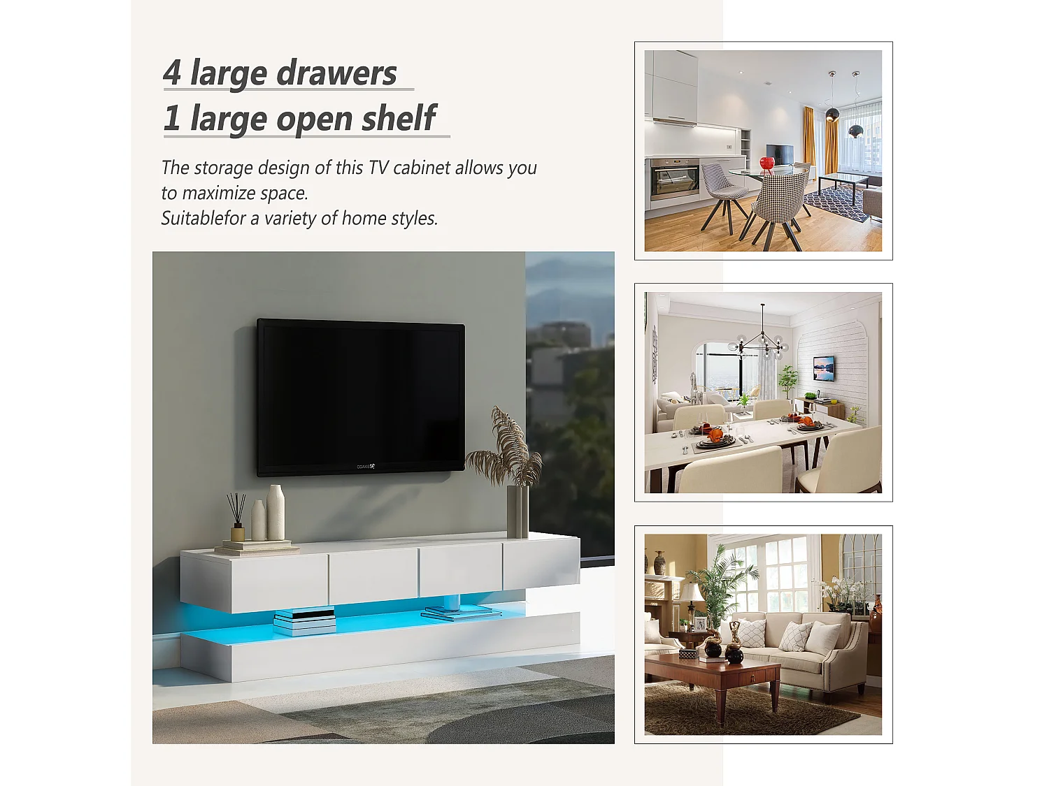 Mueble TV bajo de pared MDF blanco 130cm con 2 armarios 4 cajones LED 16 colores App Bluetooth para TV hasta 55 pulgadas