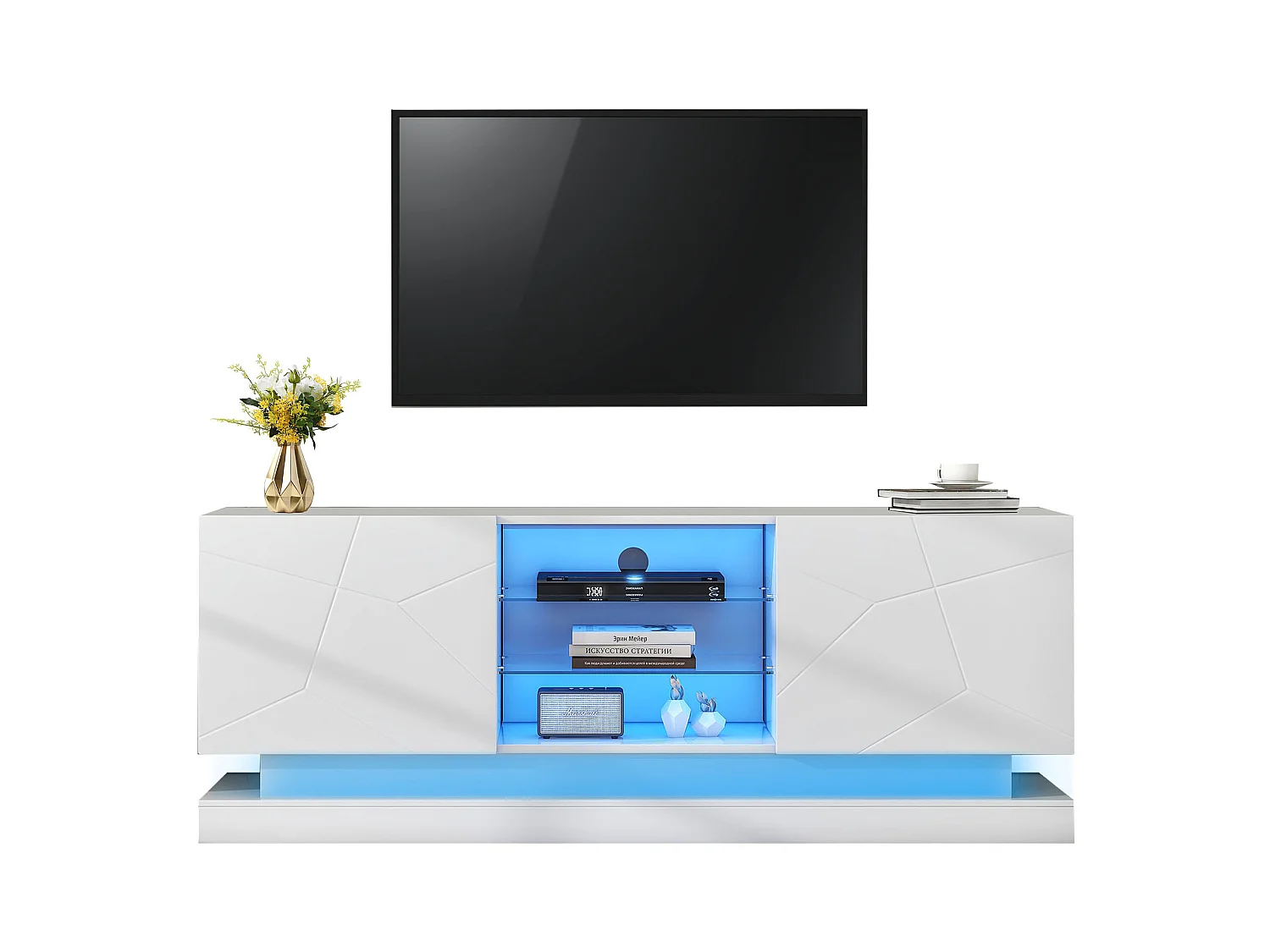 Mobile TV Blanc Mat 160 cm Étagère Verre Réglable pour Téléviseur 70 Pouces Salon