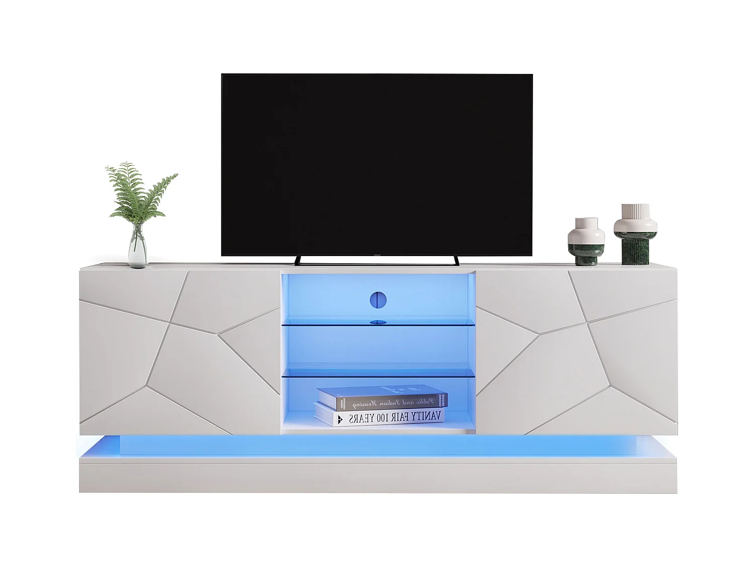 Mobile TV Blanc Mat 160 cm Étagère Verre Réglable pour Téléviseur 70 Pouces Salon