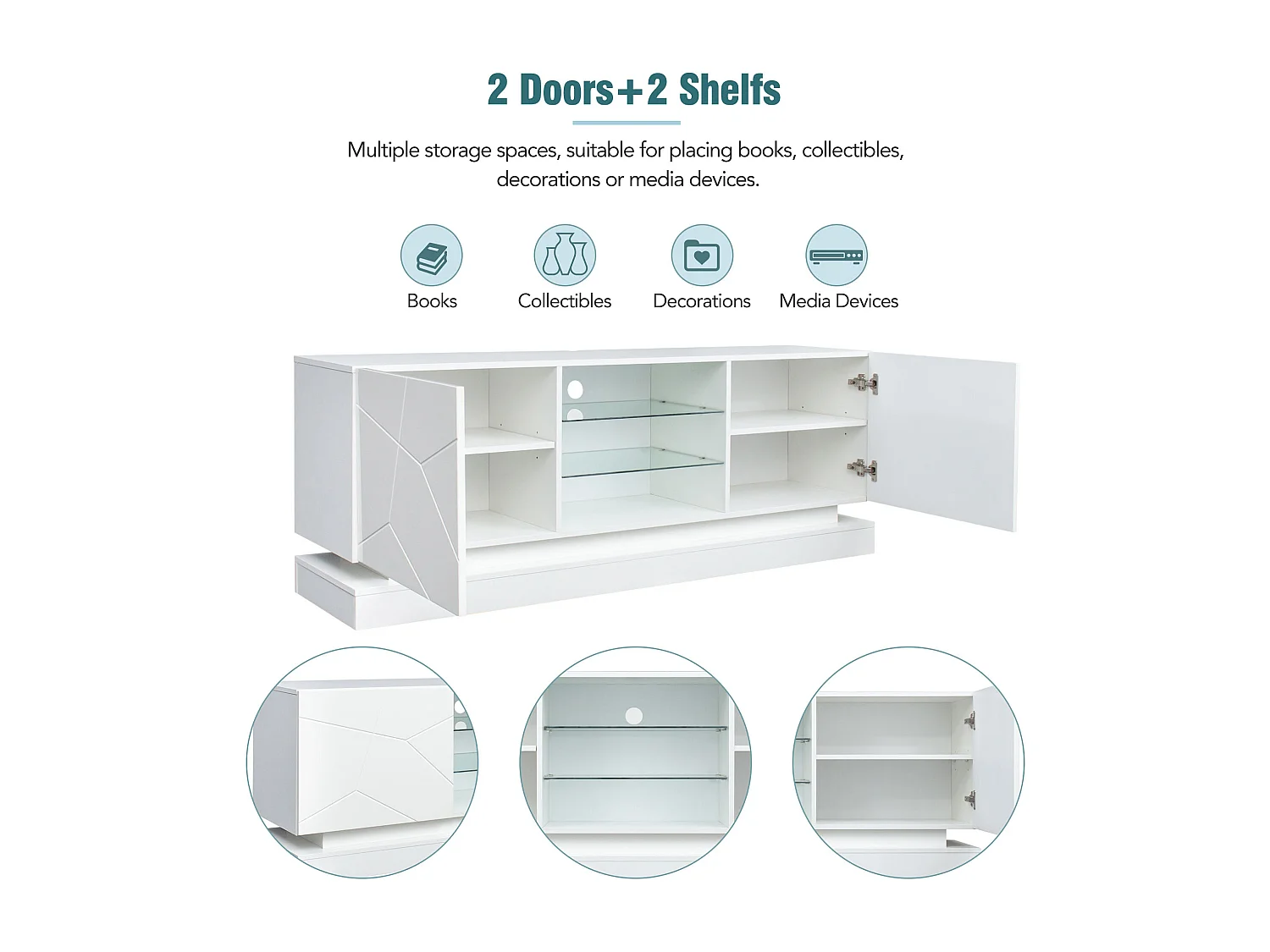 Mobile TV Blanc Mat 160 cm Étagère Verre Réglable pour Téléviseur 70 Pouces Salon