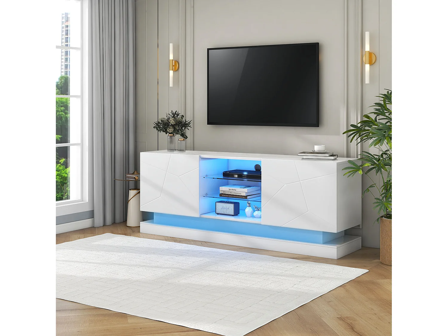 Mobile TV Blanc Mat 160 cm Étagère Verre Réglable pour Téléviseur 70 Pouces Salon
