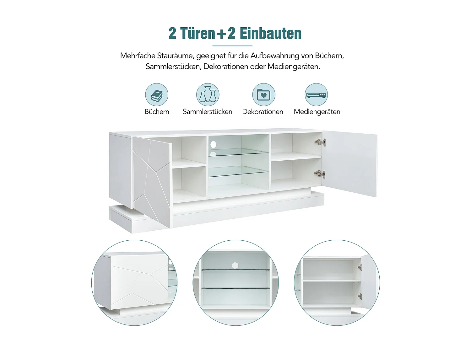 Mobile TV Blanc Mat 160 cm Étagère Verre Réglable pour Téléviseur 70 Pouces Salon