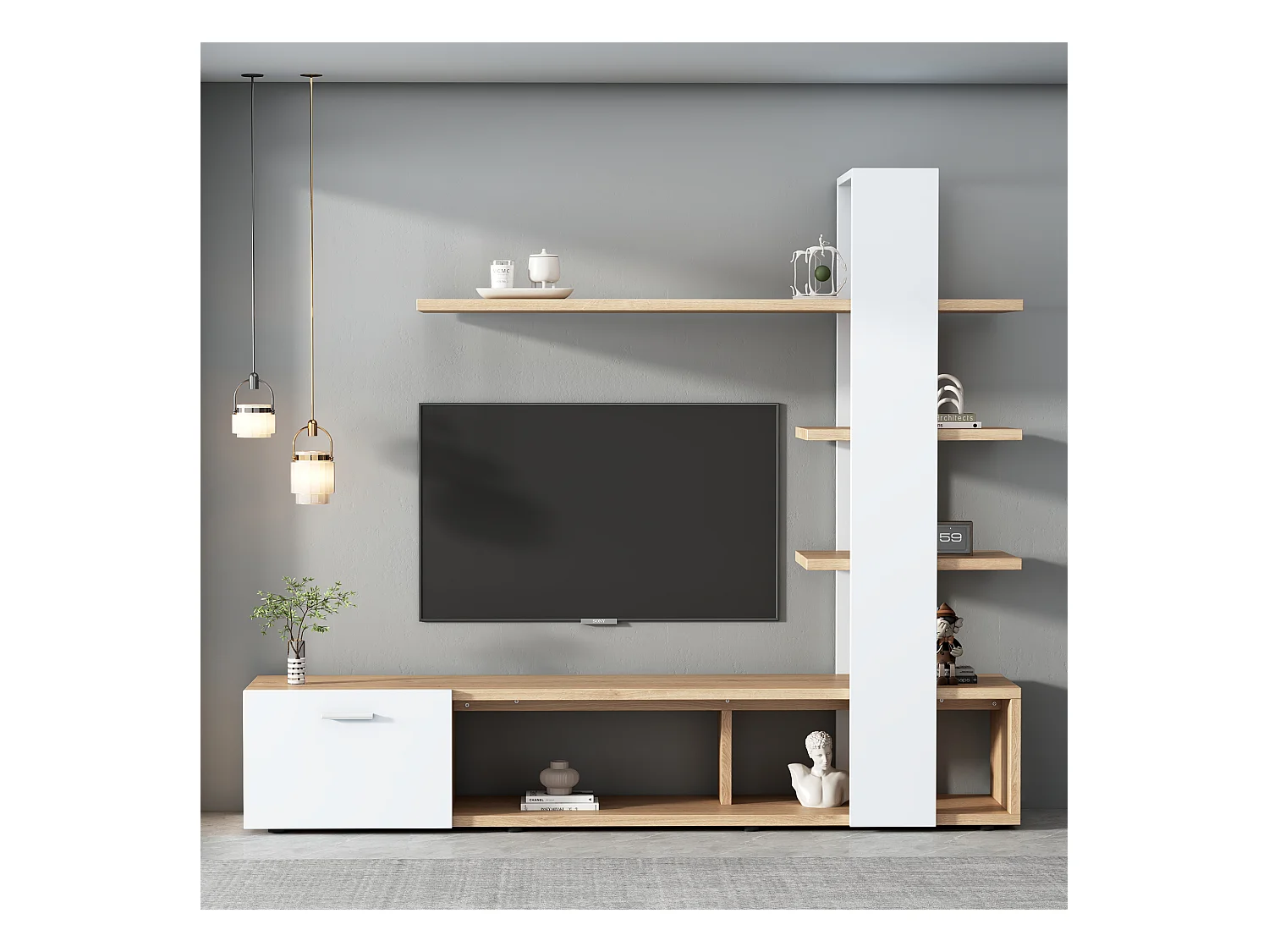 Mueble de TV de pared de roble blanco de 180 cm con 3 estantes flotantes para TV de 60 pulgadas
