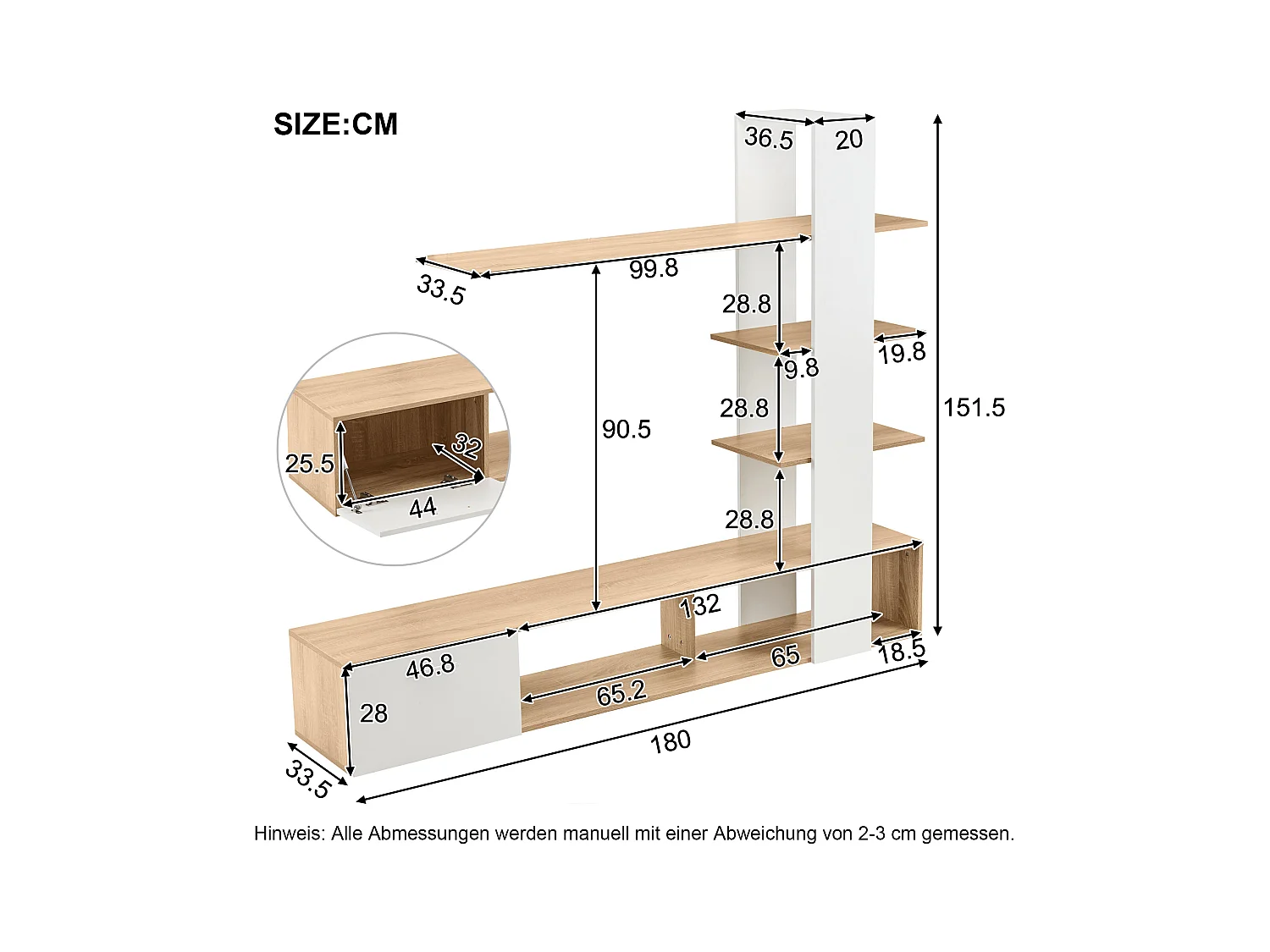 Mueble de TV de pared de roble blanco de 180 cm con 3 estantes flotantes para TV de 60 pulgadas