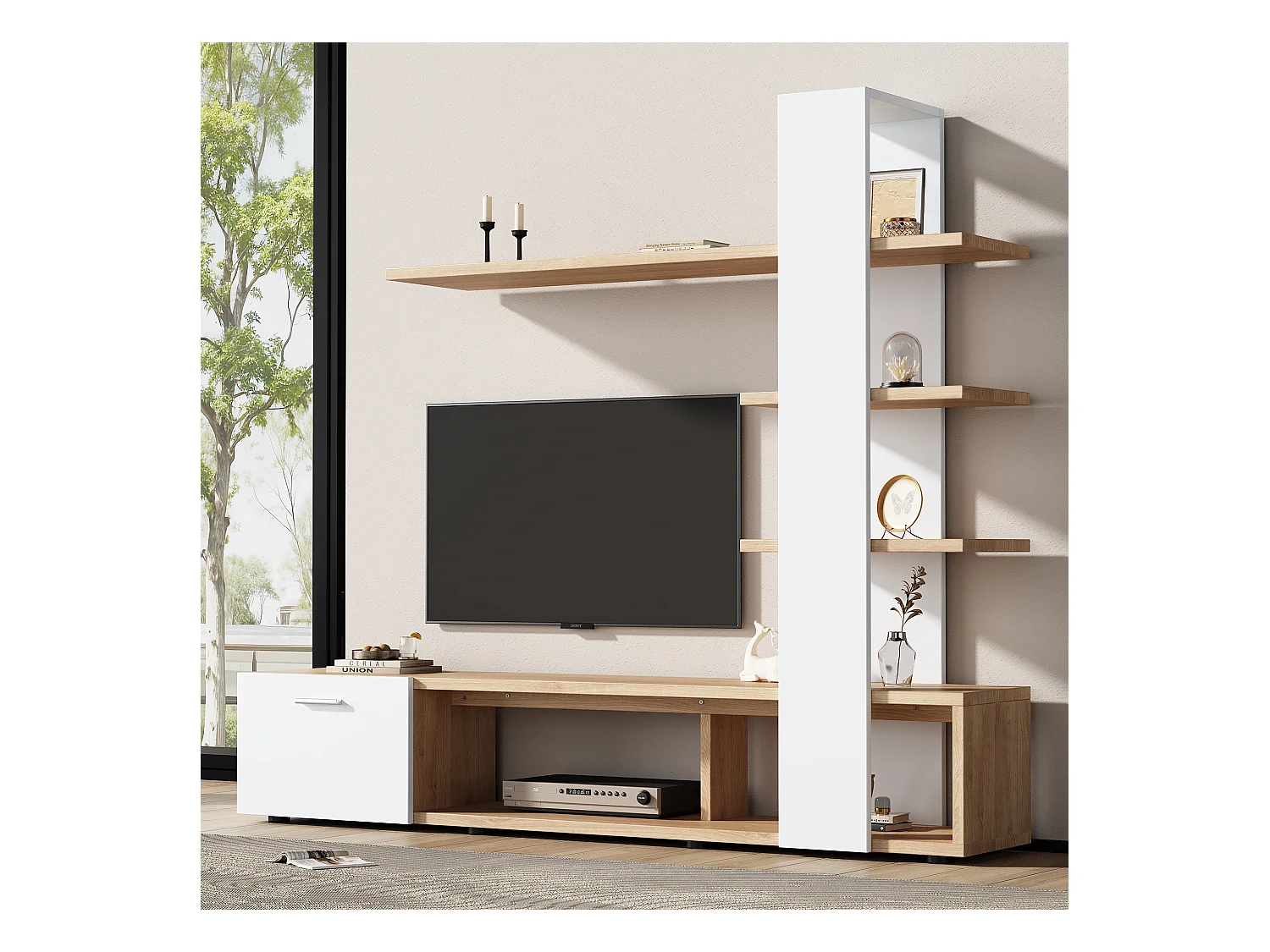 Mueble de TV de pared de roble blanco de 180 cm con 3 estantes flotantes para TV de 60 pulgadas