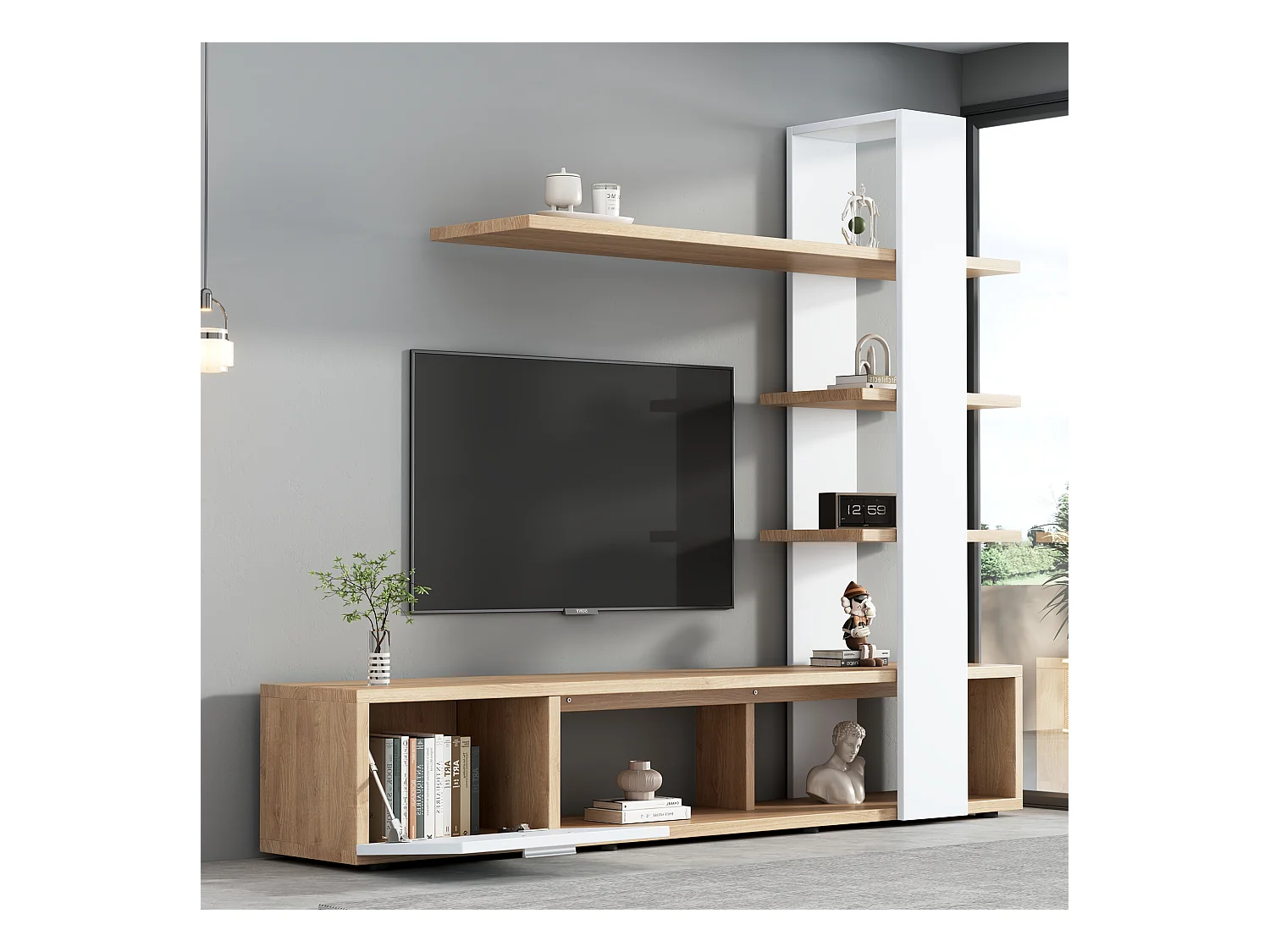 Mueble de TV de pared de roble blanco de 180 cm con 3 estantes flotantes para TV de 60 pulgadas